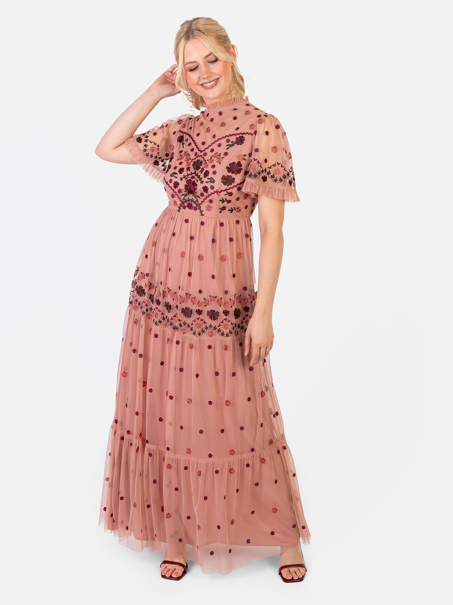 Maya Teraccotta Pink Floral Embroidered High Neck Maxi Dress