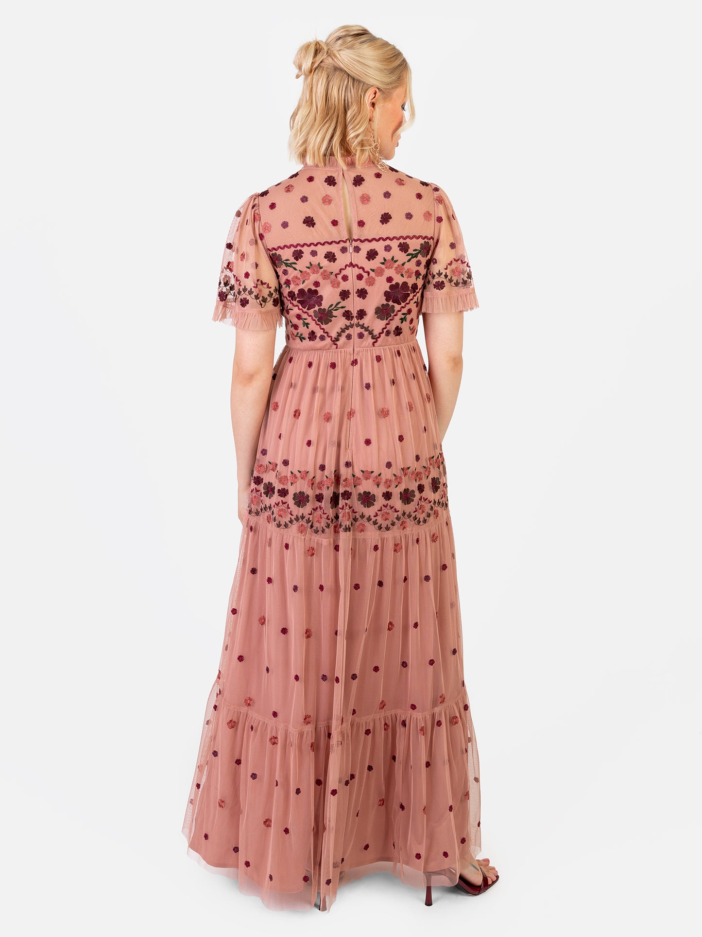 Maya Teraccotta Pink Floral Embroidered High Neck Maxi Dress