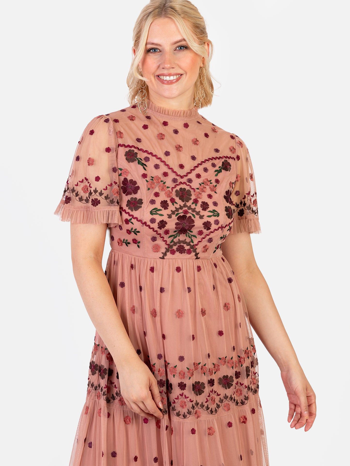 Maya Teraccotta Pink Floral Embroidered High Neck Maxi Dress