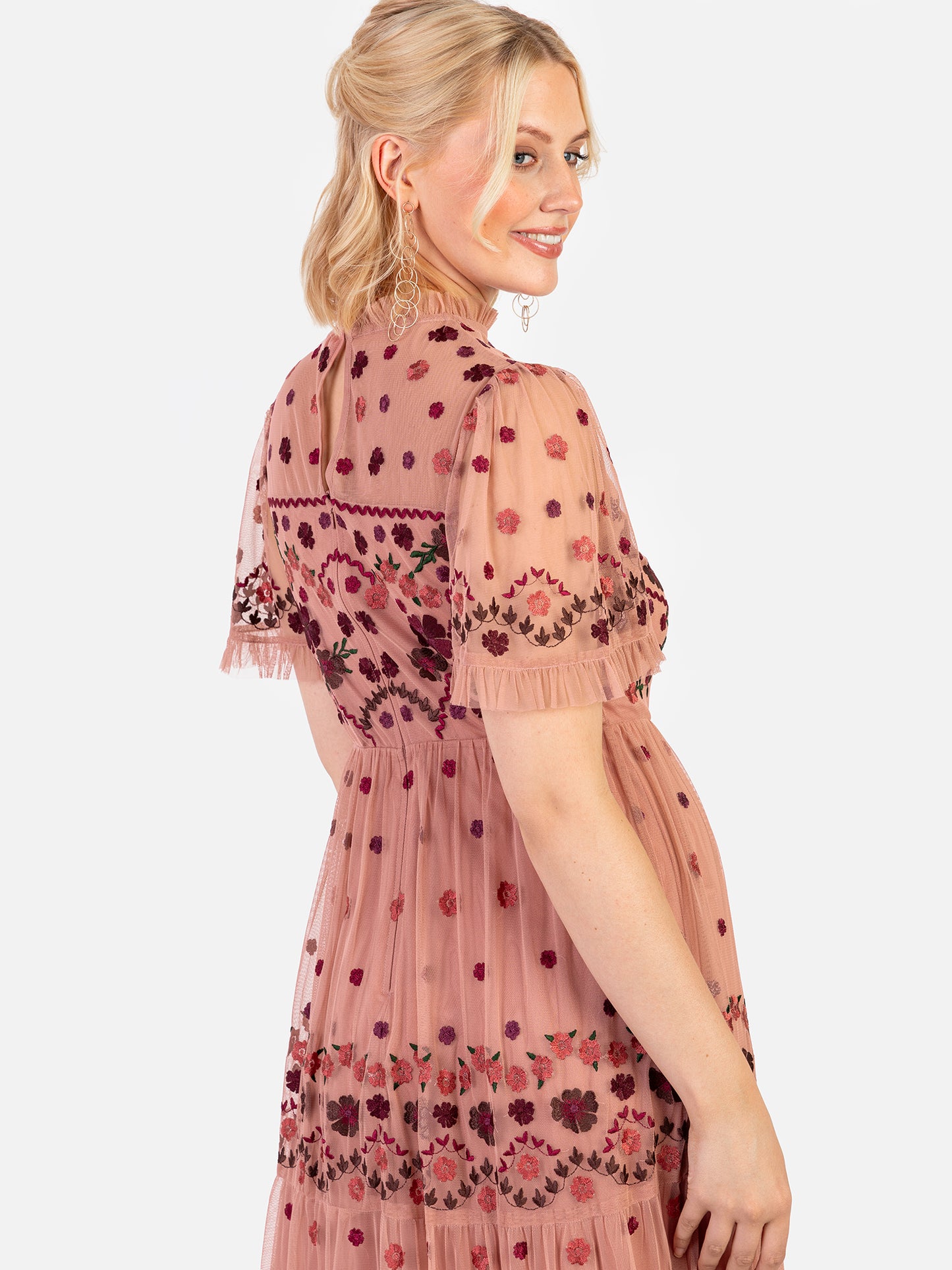 Maya Teraccotta Pink Floral Embroidered High Neck Maxi Dress