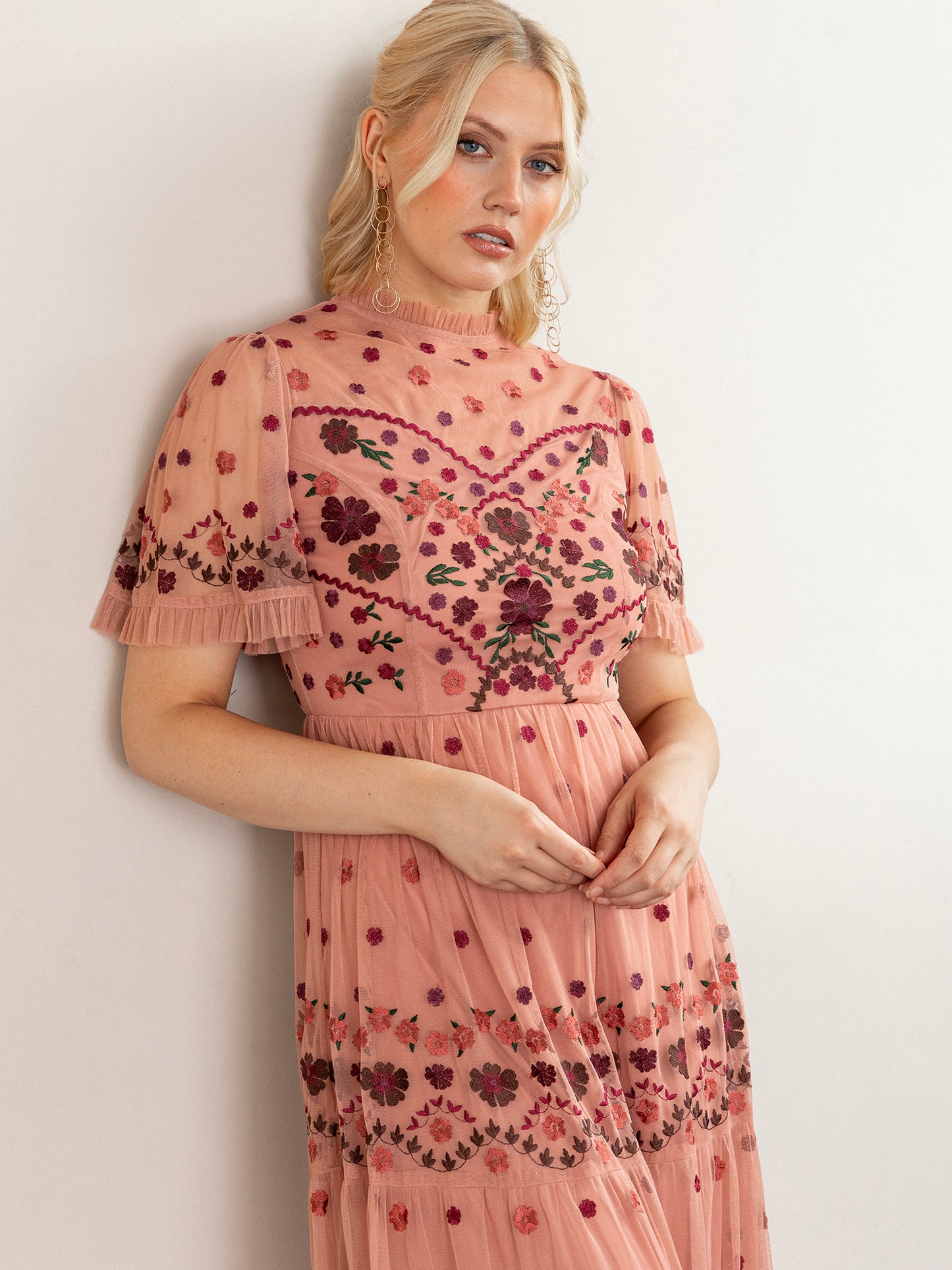 Maya Teraccotta Pink Floral Embroidered High Neck Maxi Dress