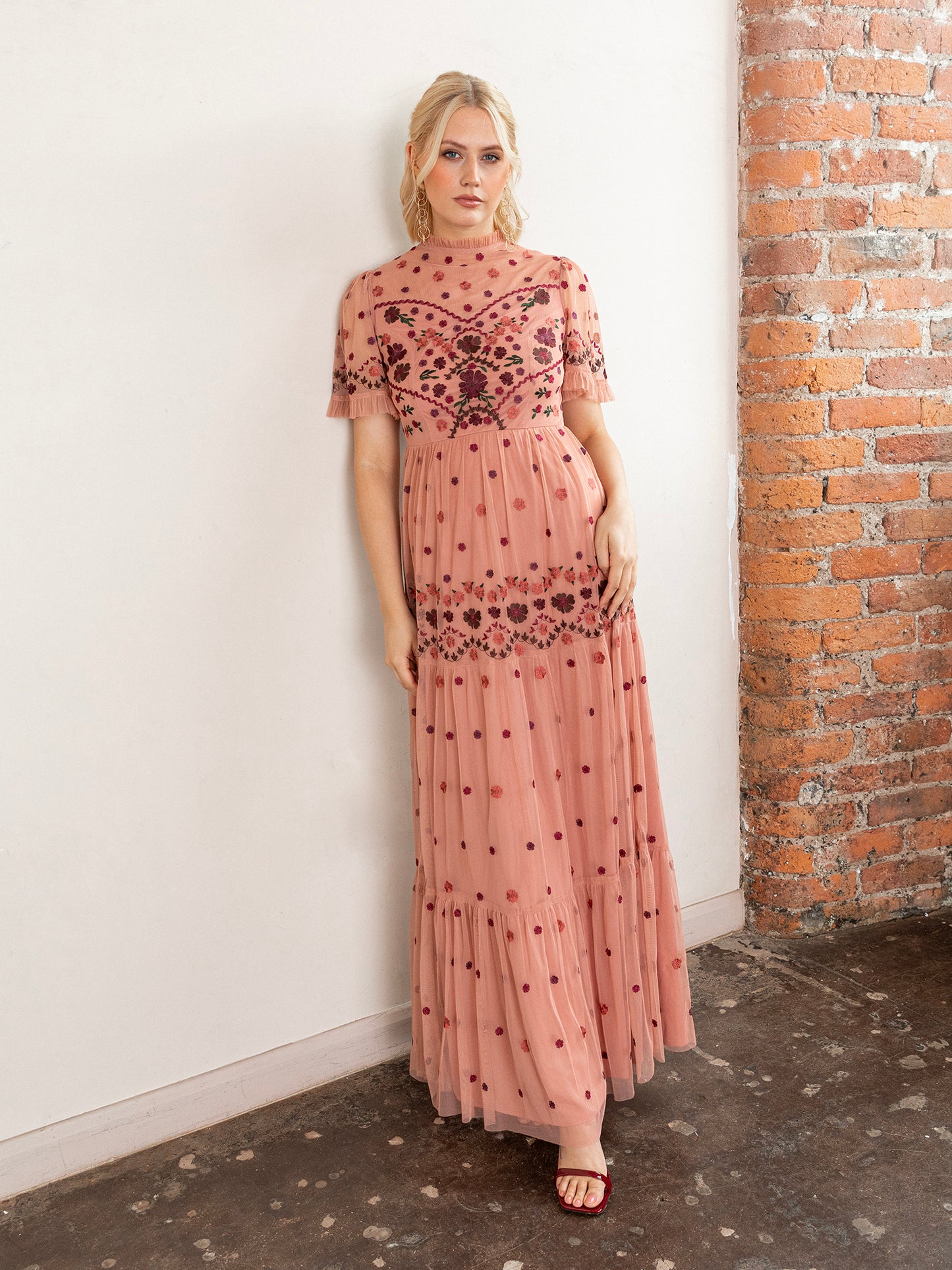 Maya Teraccotta Pink Floral Embroidered High Neck Maxi Dress