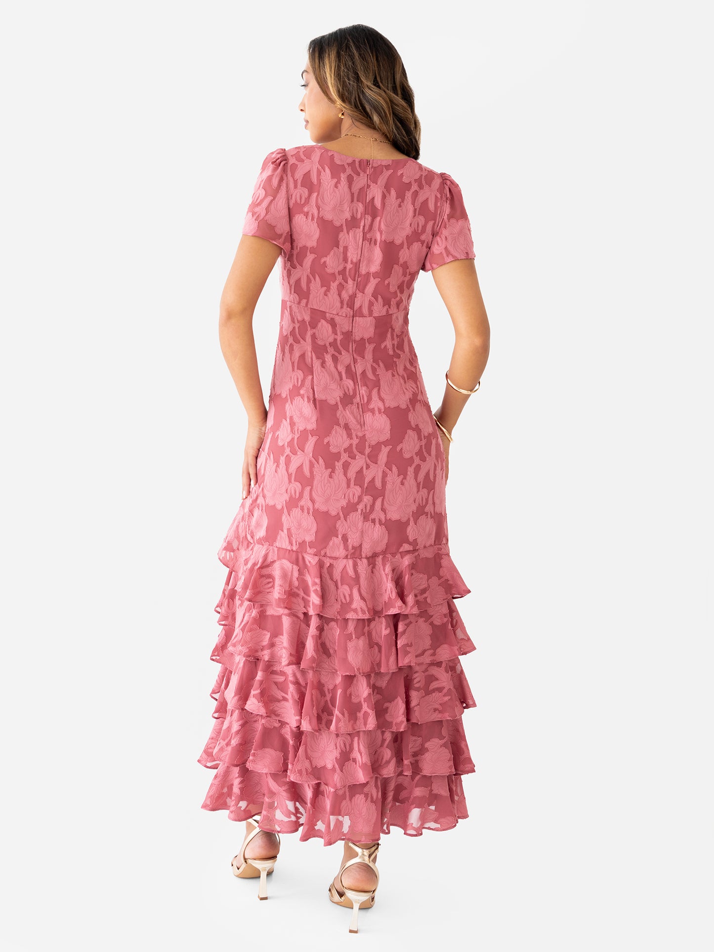 Anaya With Love Garnet Rose Floral Burnout V Neck Short Sleeve Midaxi Dress