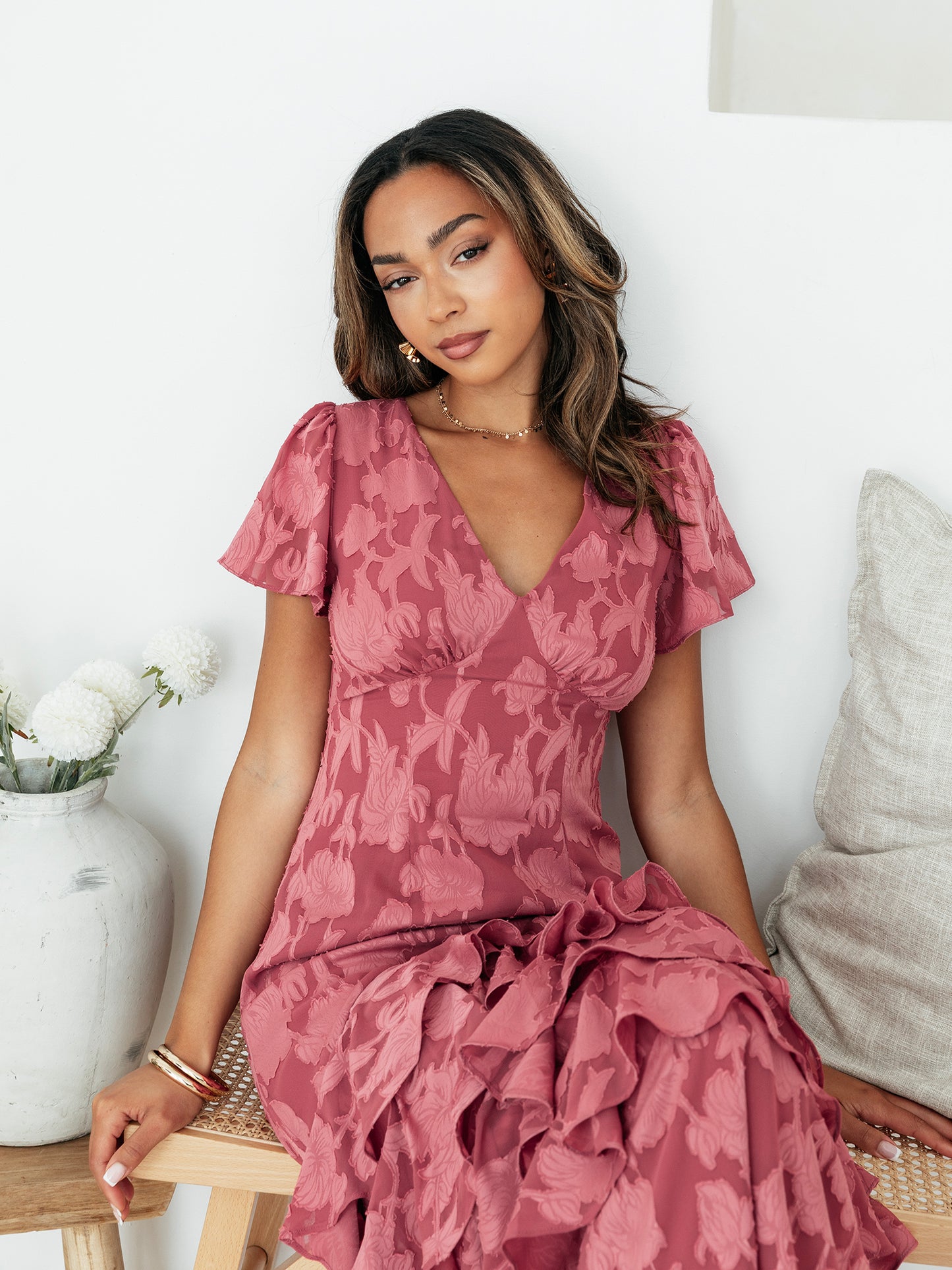 Anaya With Love Garnet Rose Floral Burnout V Neck Short Sleeve Midaxi Dress