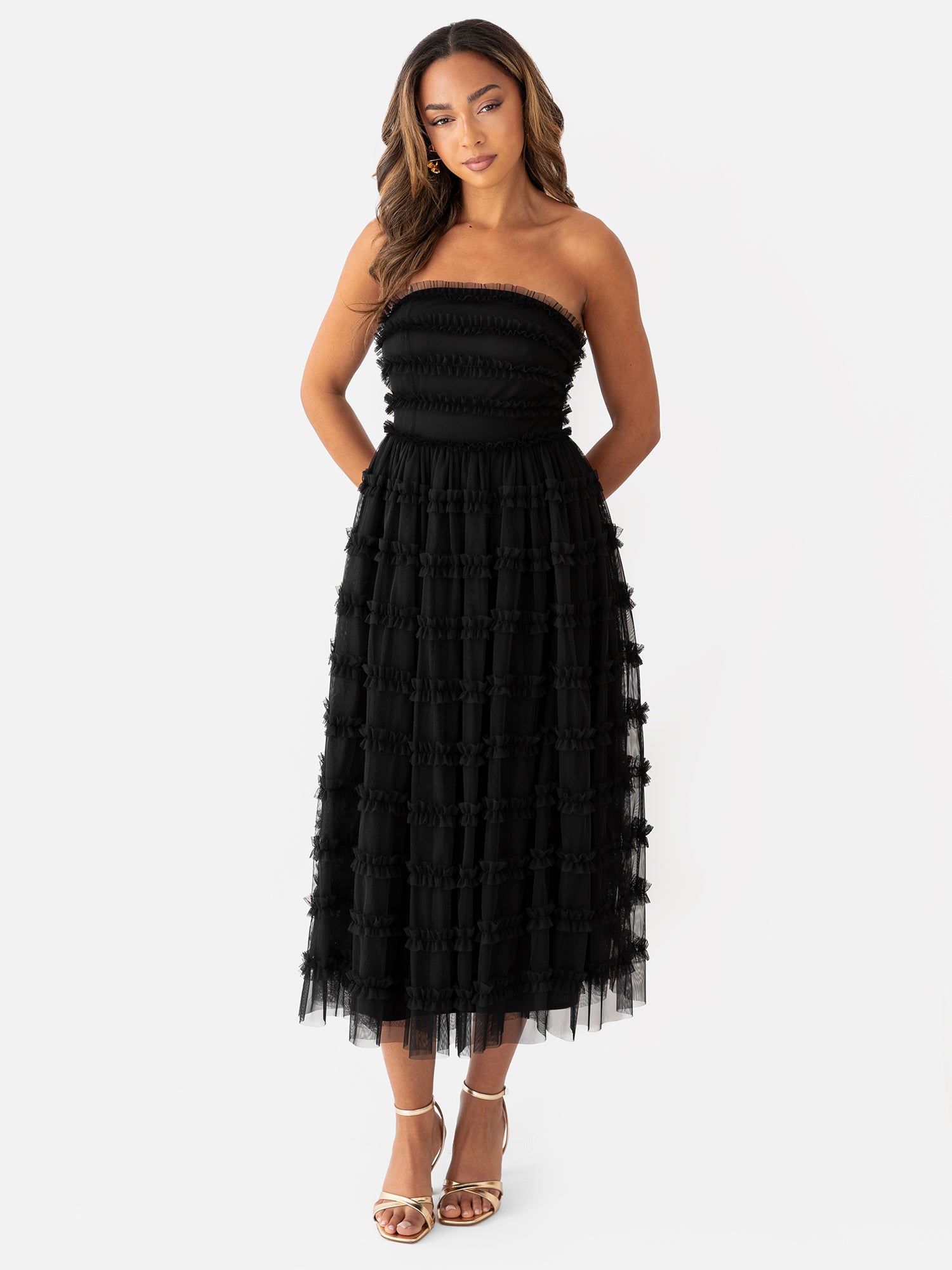 bandeau ruffle midi dress ASOS DESIGN bonded velvet bandeau structured midi dress with ruffle bodice detail in khaki green