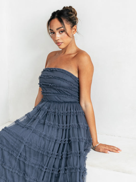 Anaya With Love Vintage Indigo Bandeau Ruffle Midi Dress