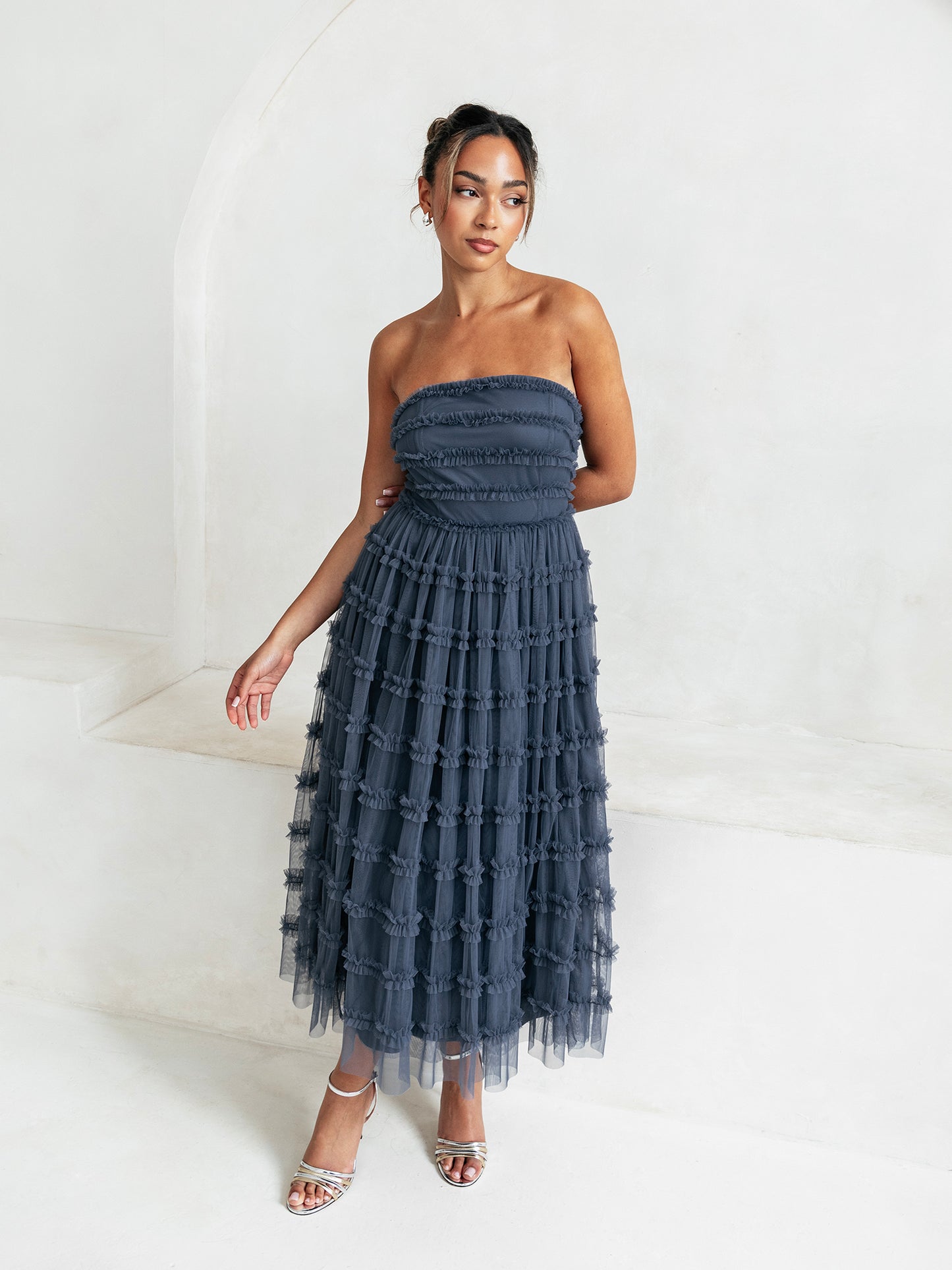 Anaya With Love Vintage Indigo Bandeau Ruffle Midi Dress