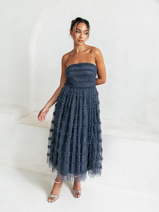 Anaya With Love Vintage Indigo Bandeau Ruffle Midi Dress