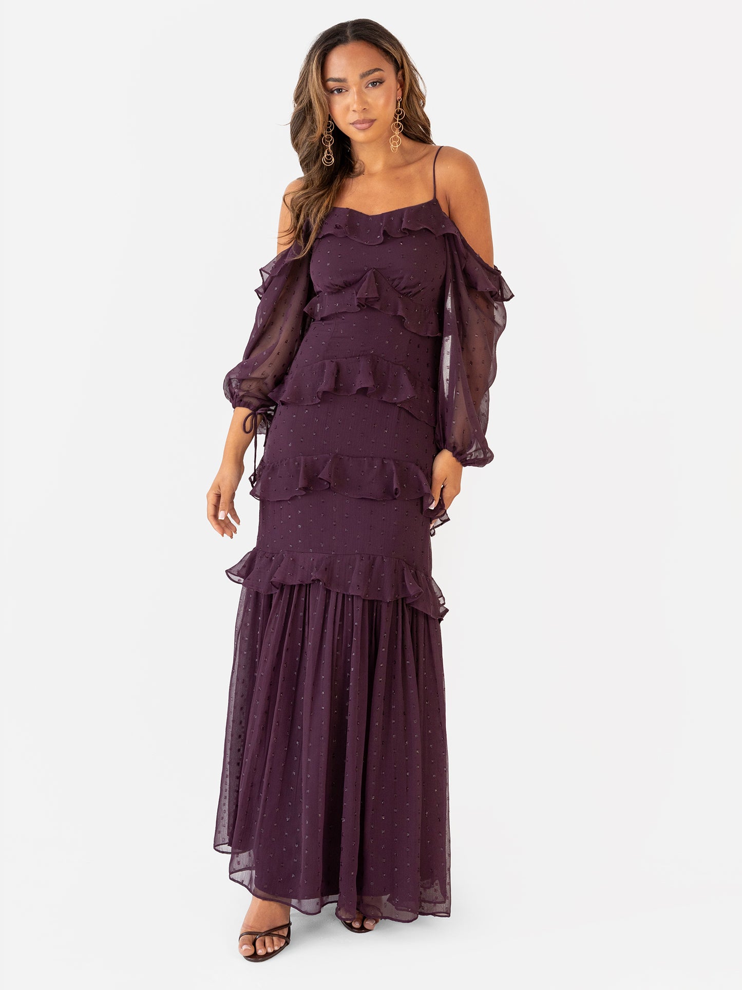 Anaya with Love Fig Cold Shoulder Ruffle Maxi Dress