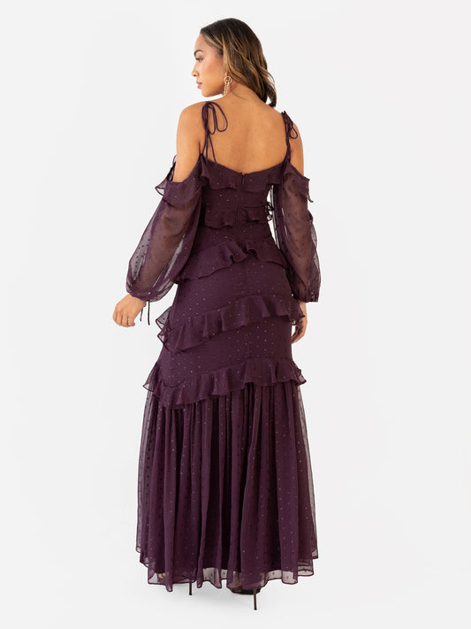 Anaya with Love Fig Cold Shoulder Ruffle Maxi Dress