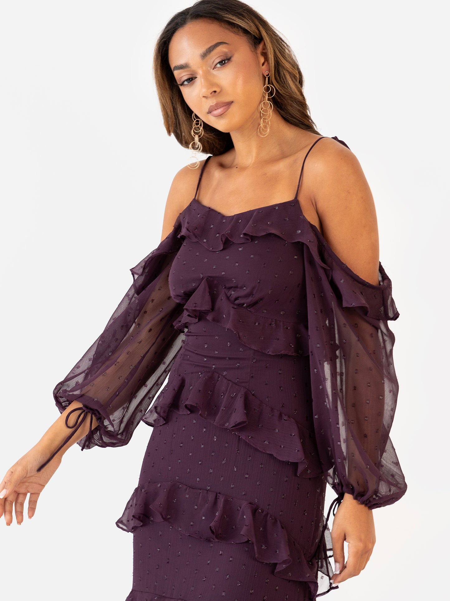 Anaya with Love Fig Cold Shoulder Ruffle Maxi Dress