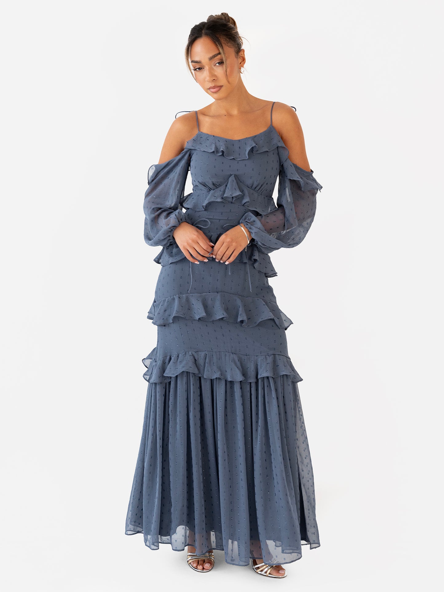Anaya with Love Vintage Indigo Cold Shoulder Ruffle Maxi Dress
