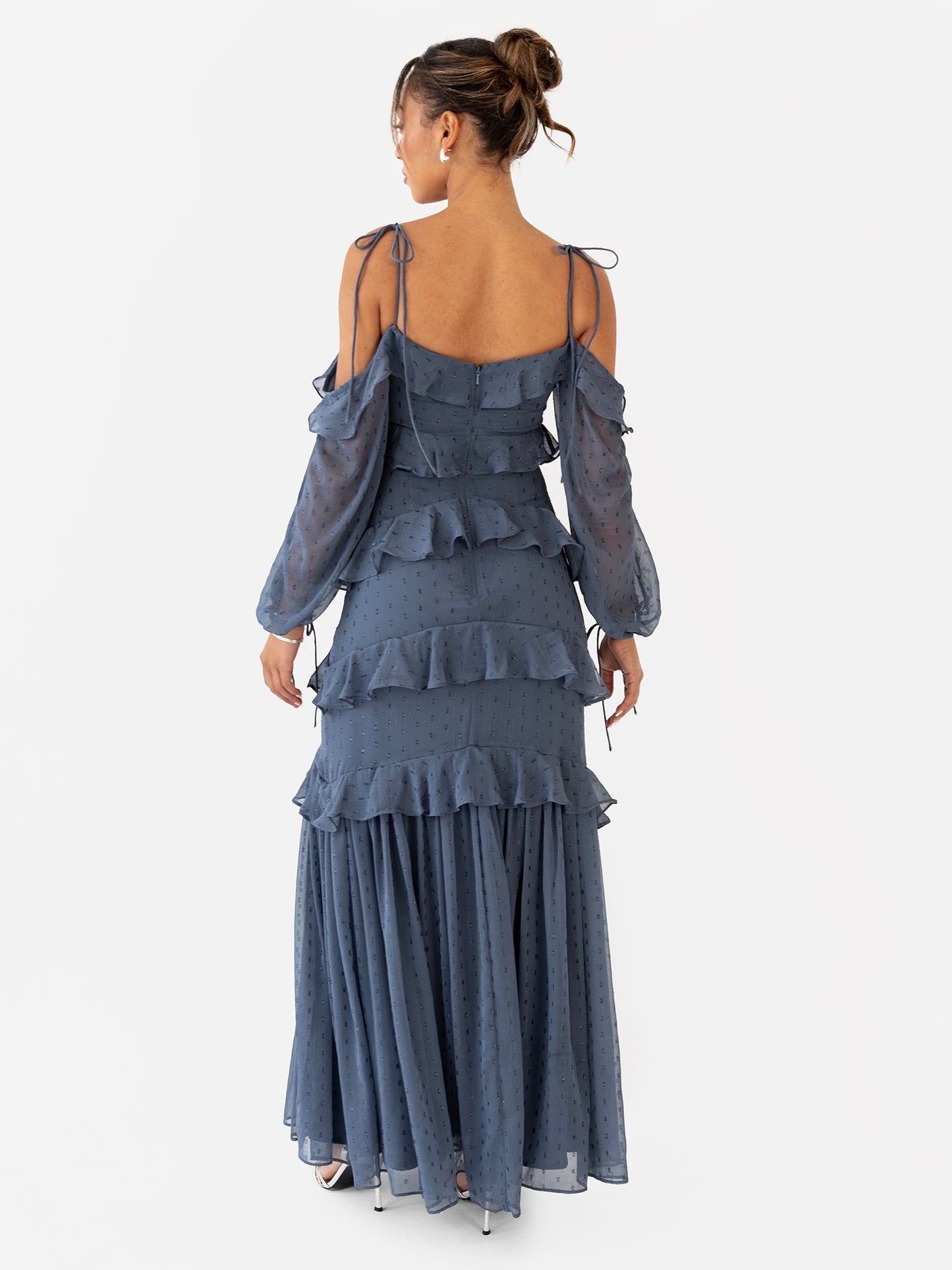Anaya with Love Vintage Indigo Cold Shoulder Ruffle Maxi Dress