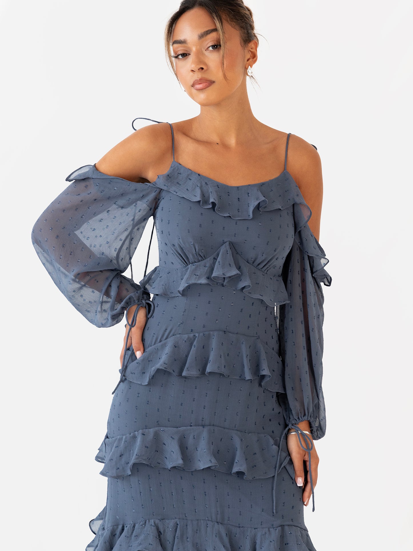 Anaya with Love Vintage Indigo Cold Shoulder Ruffle Maxi Dress