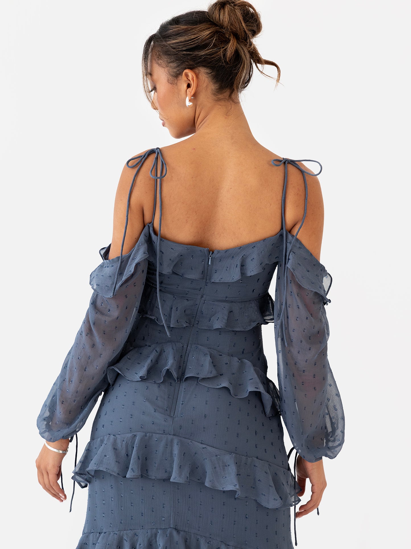 Anaya with Love Vintage Indigo Cold Shoulder Ruffle Maxi Dress