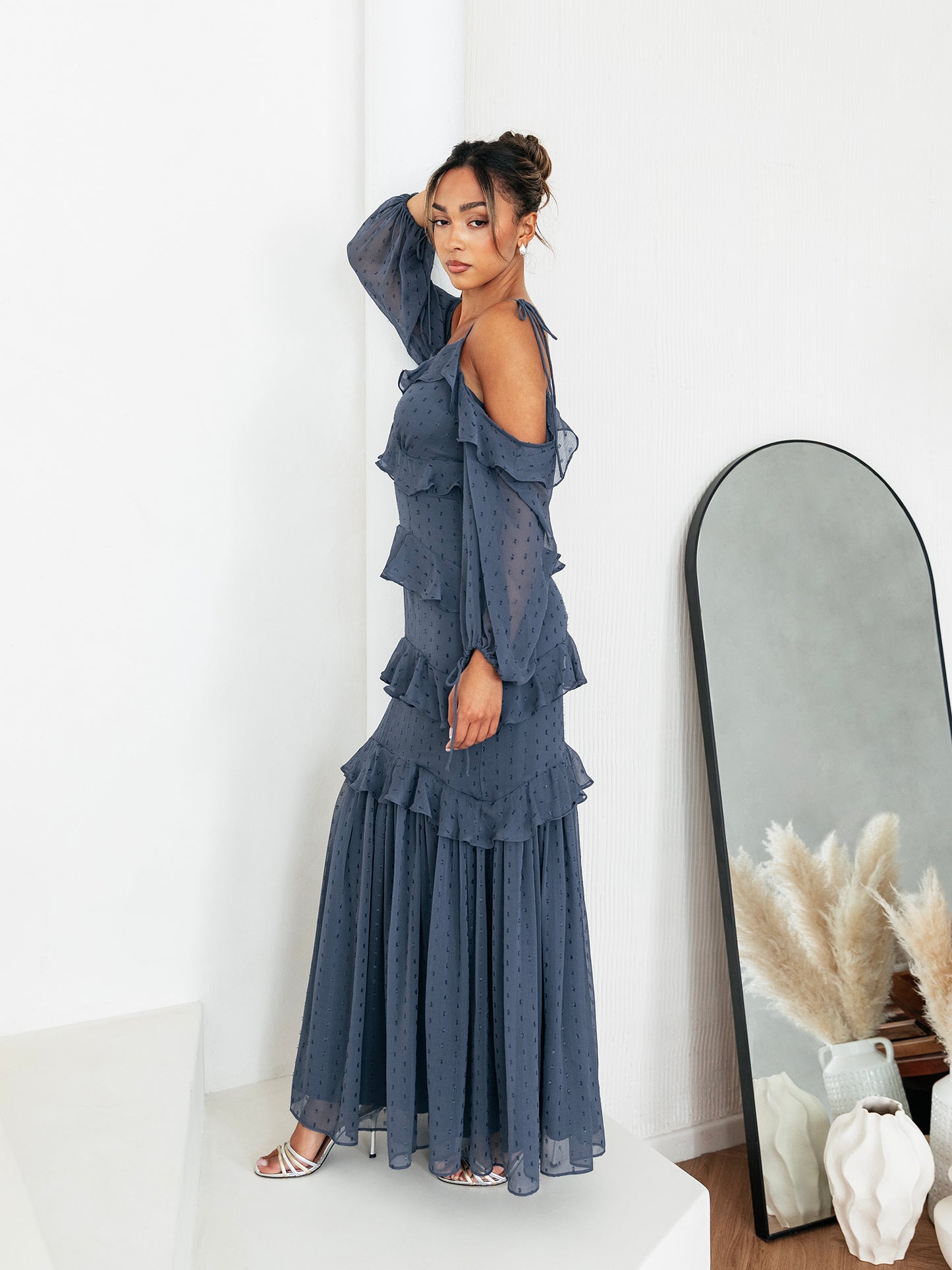 Anaya with Love Vintage Indigo Cold Shoulder Ruffle Maxi Dress
