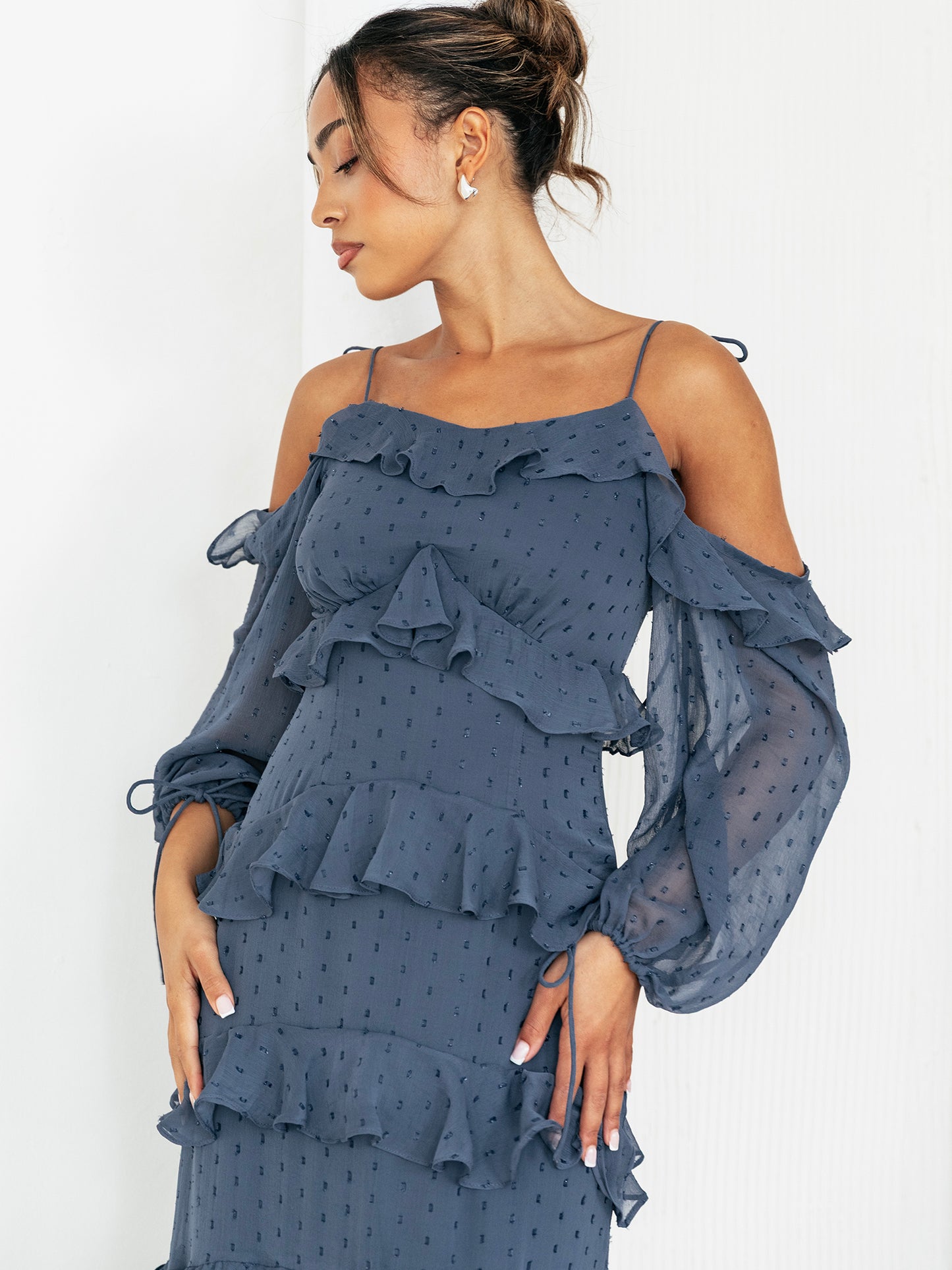 Anaya with Love Vintage Indigo Cold Shoulder Ruffle Maxi Dress