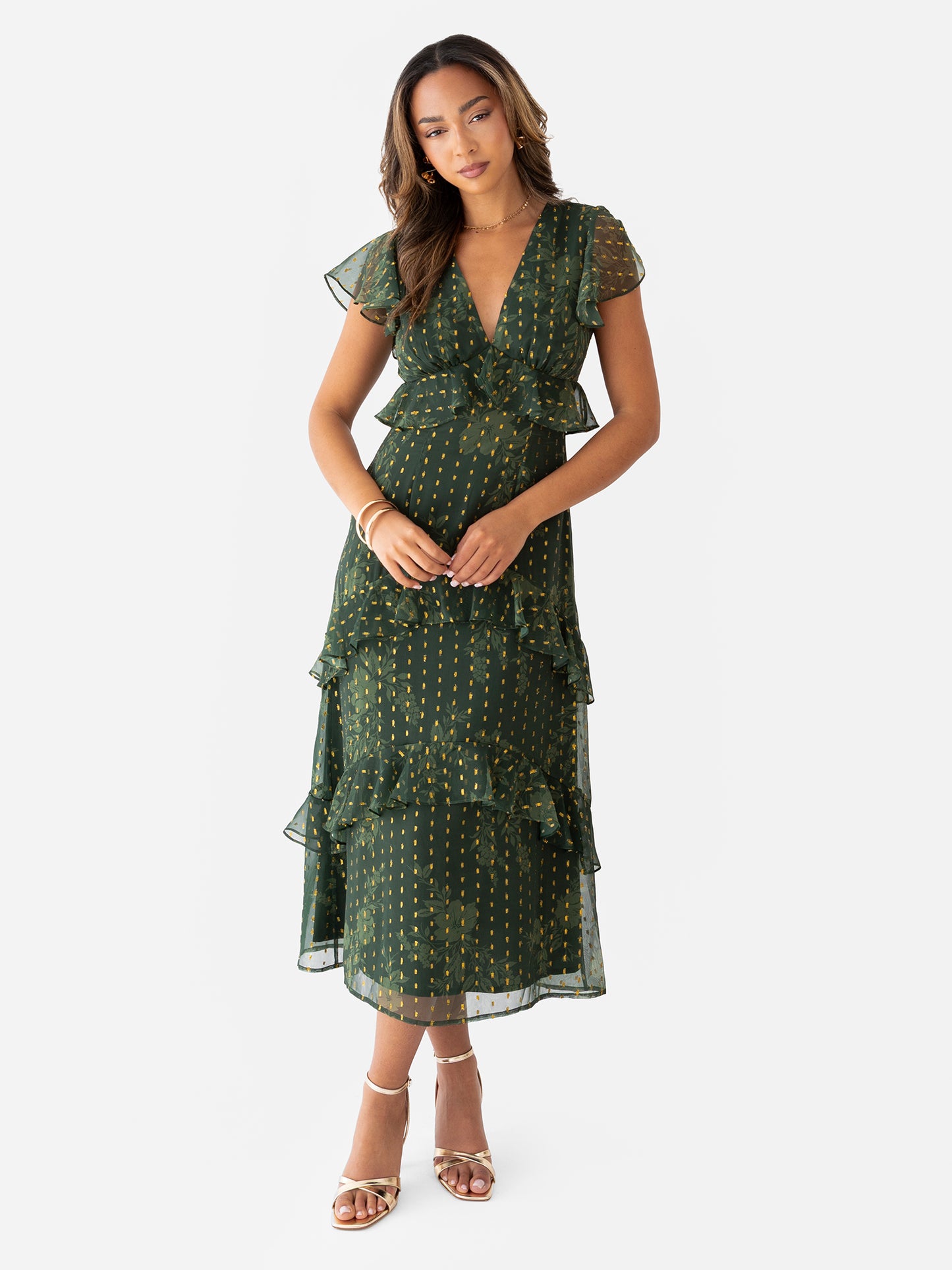 Anaya With Love Floral Green V Neck Midi Dress with Metallic Detail Maya Deluxe Anaya With Love Floral Green V Neck Midi Dress with Metallic Detail Maya Deluxe