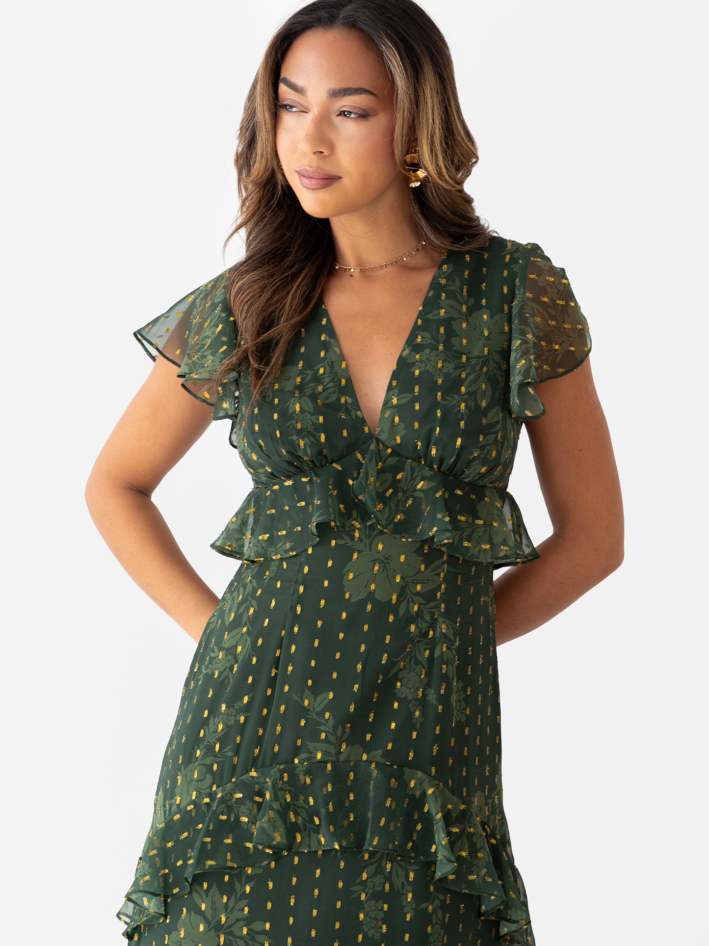 Anaya With Love Floral Green V Neck Midi Dress with Metallic Detail