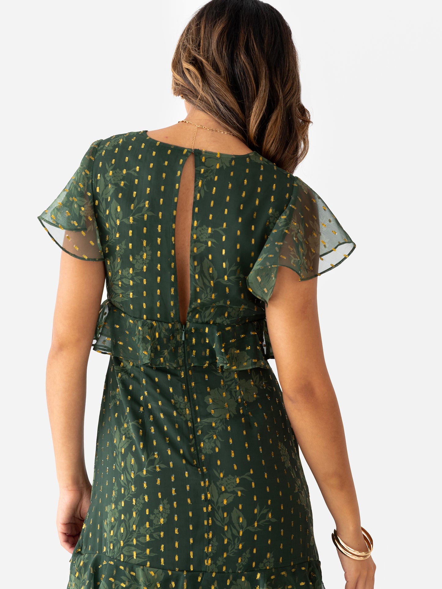 Anaya With Love Floral Green V Neck Midi Dress with Metallic Detail