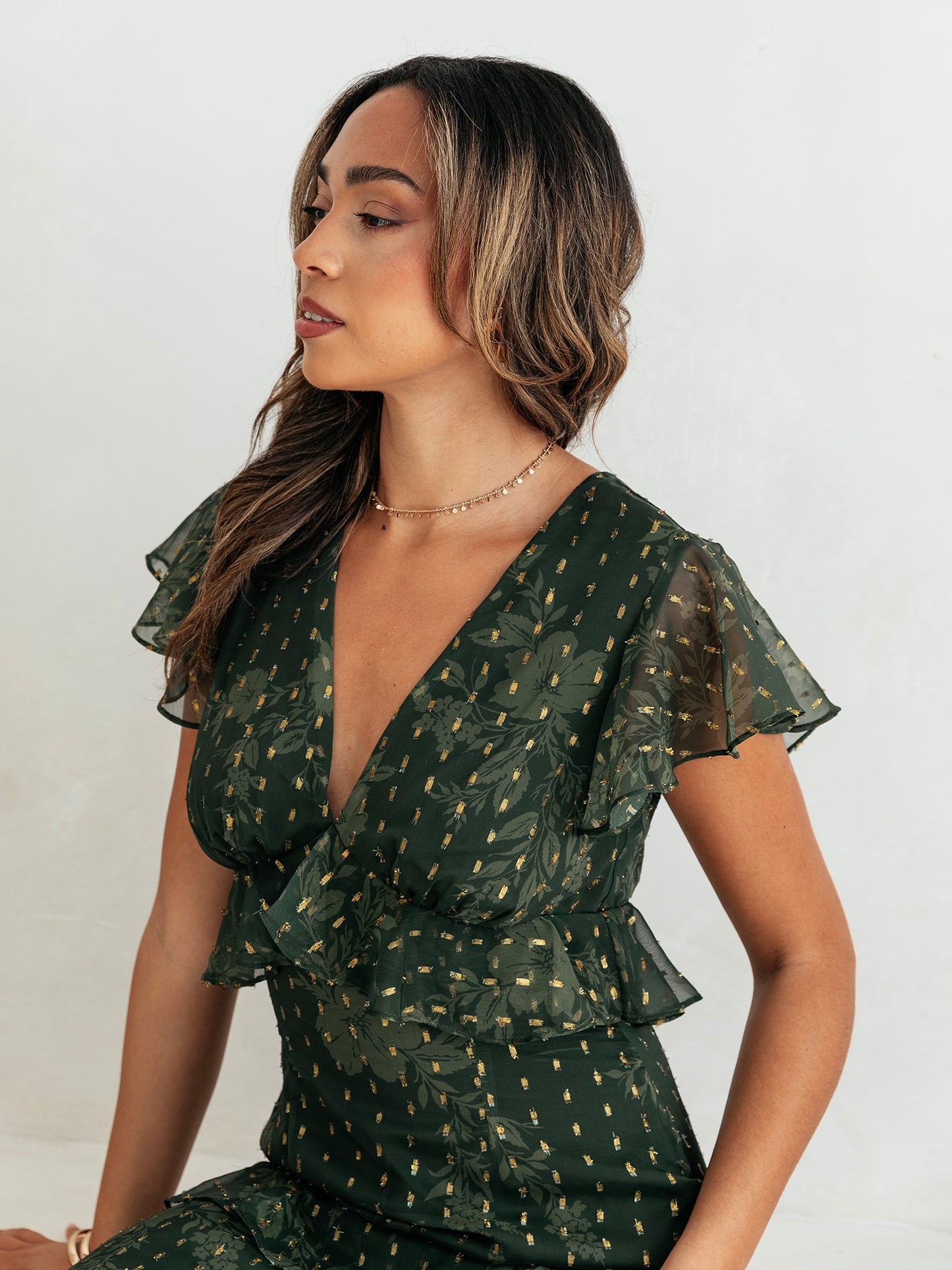 Anaya With Love Floral Green V Neck Midi Dress with Metallic Detail