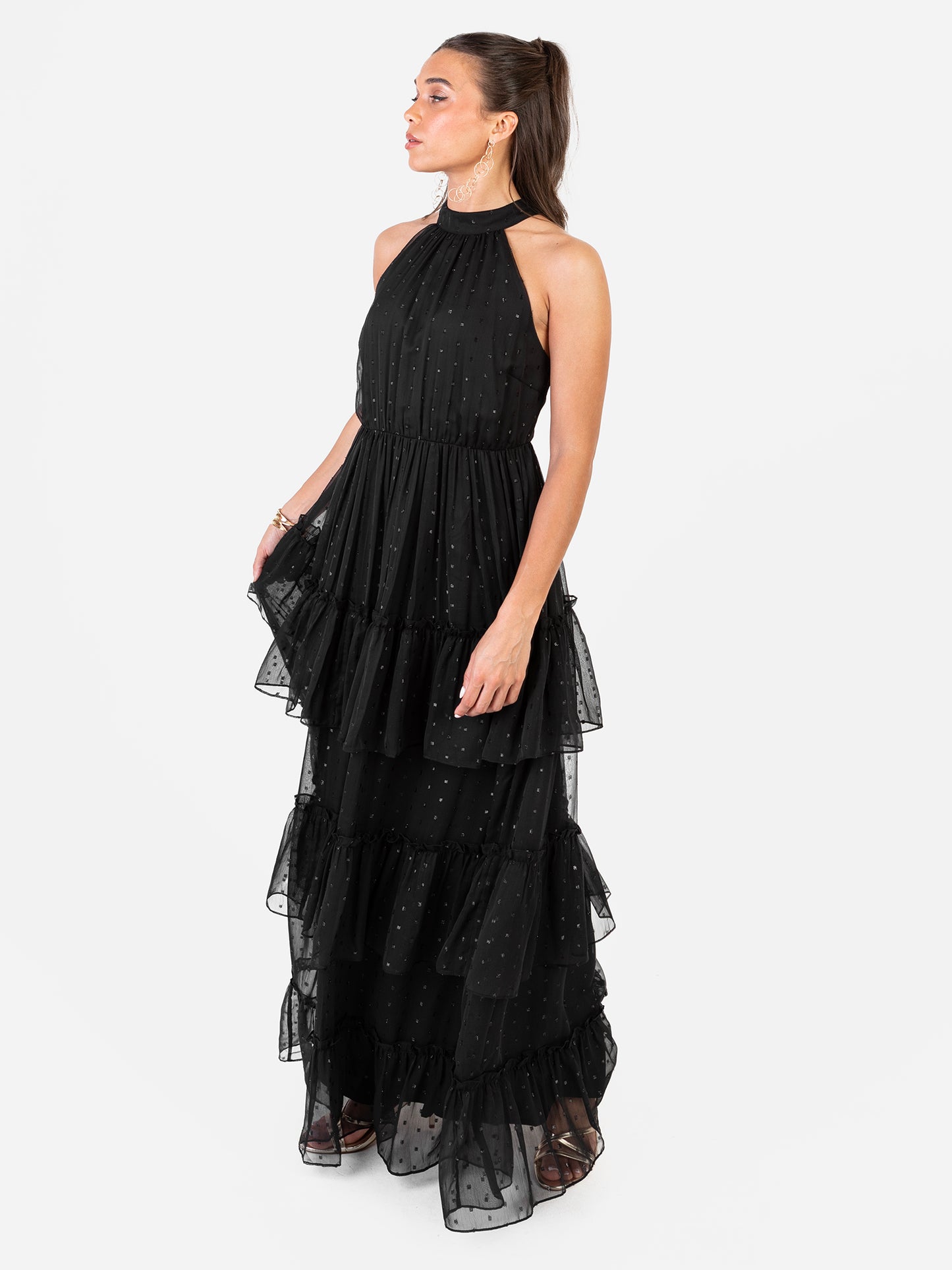 Anaya With Love Recycled Black Halter Neck Tiered Maxi Dress