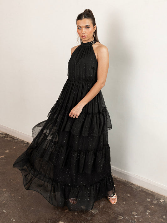 Anaya With Love Recycled Black Halter Neck Tiered Maxi Dress