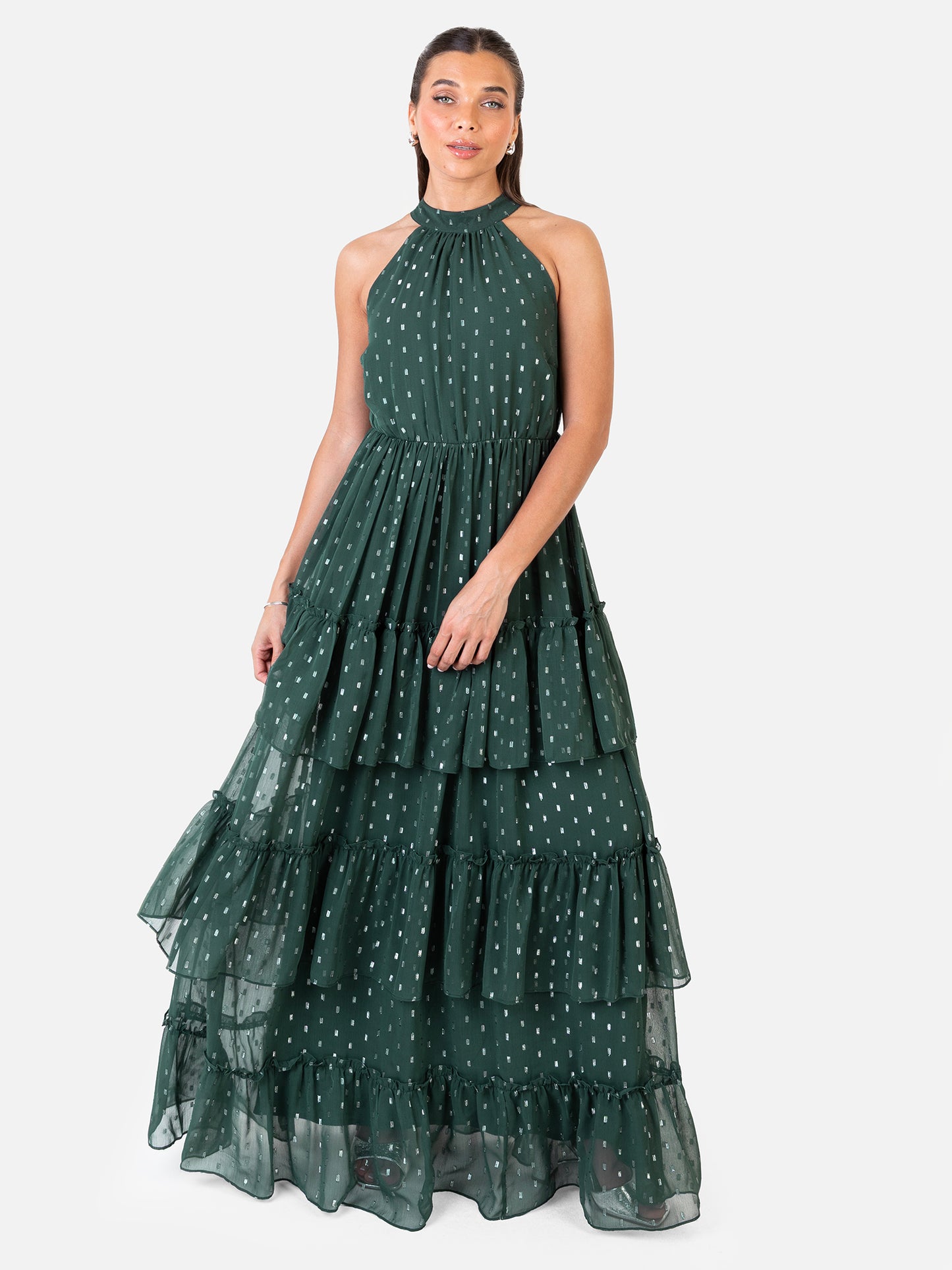 Anaya With Love Recycled Dark Green Halter Neck Tiered Maxi Dress