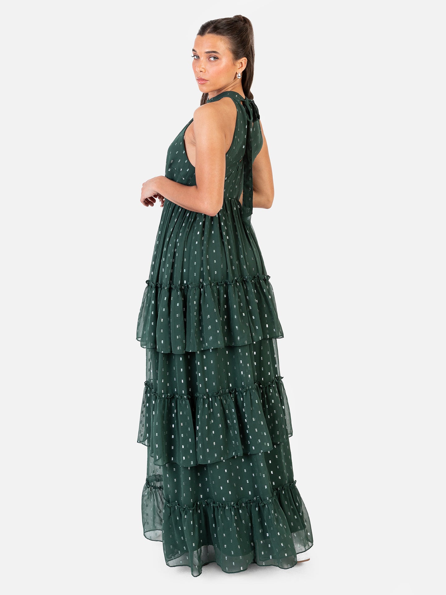 Anaya With Love Recycled Dark Green Halter Neck Tiered Maxi Dress