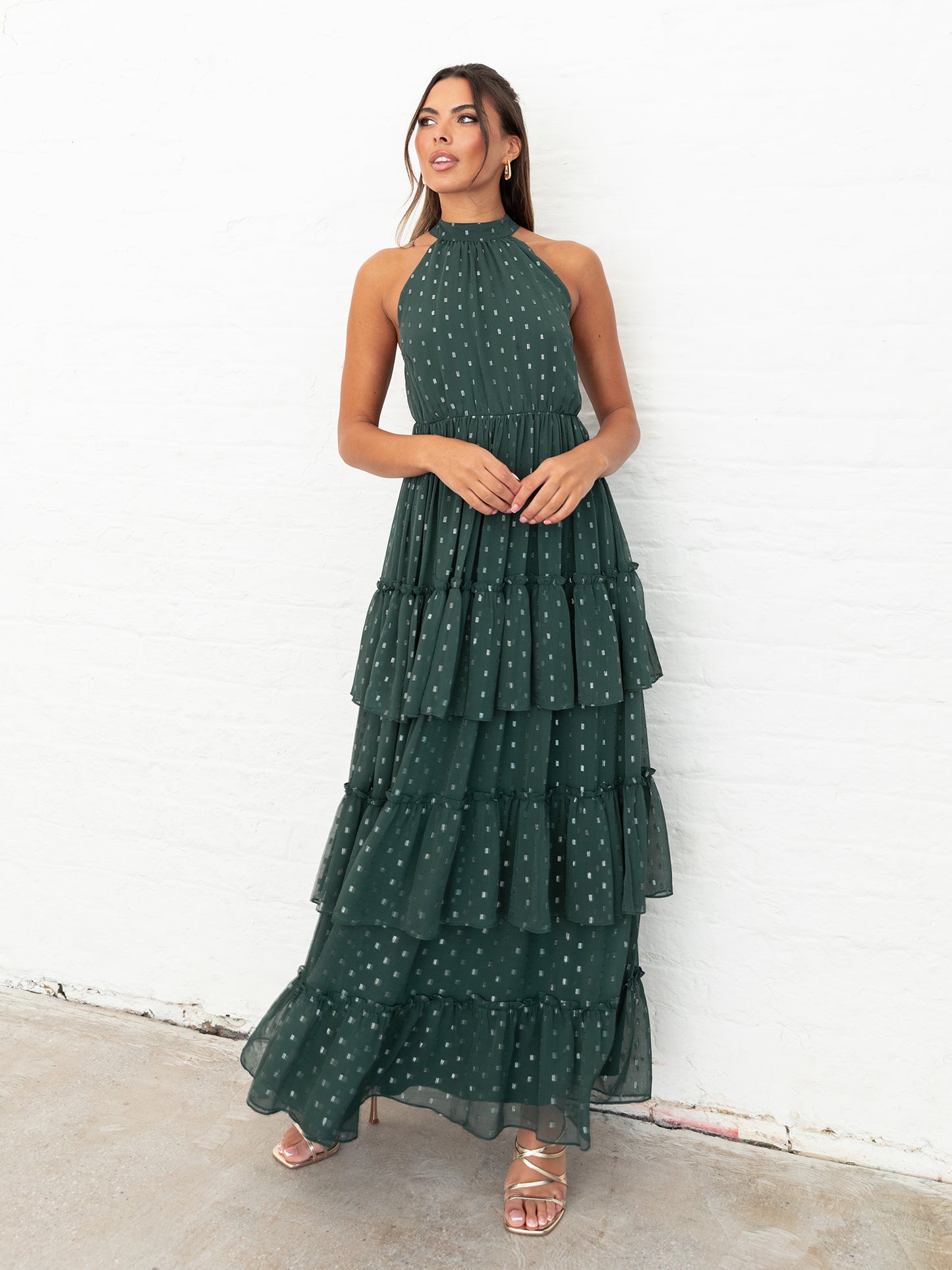 Anaya With Love Recycled Dark Green Halter Neck Tiered Maxi Dress