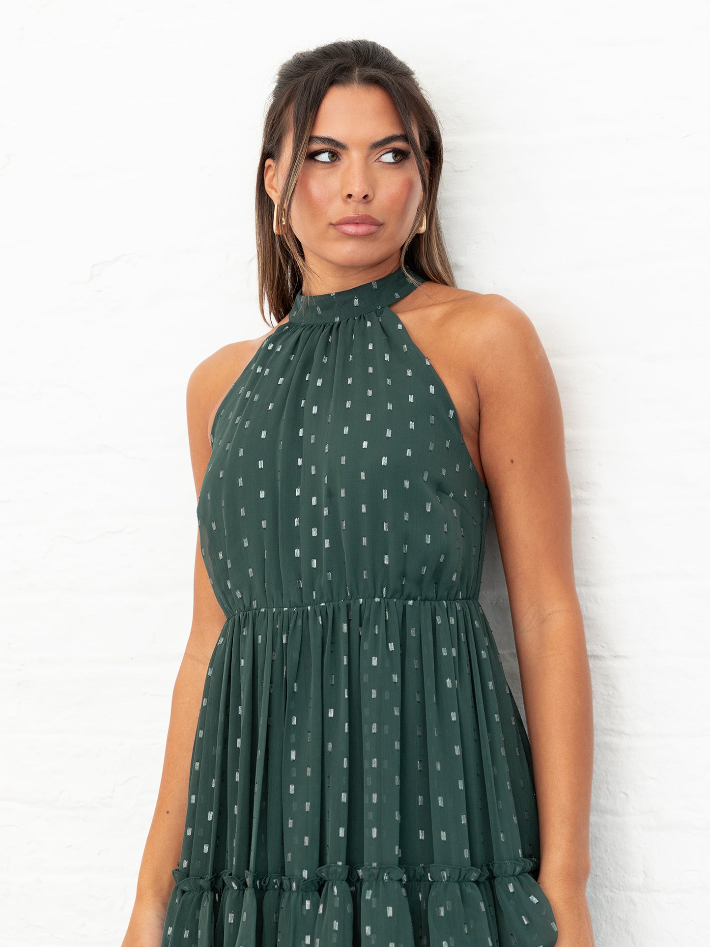 Anaya With Love Recycled Dark Green Halter Neck Tiered Maxi Dress