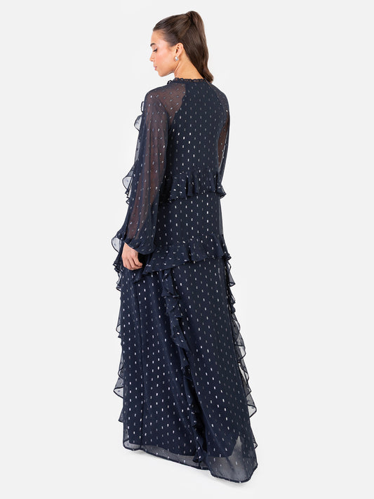 Anaya With Love Recycled Navy Foil Chiffon Ruffled Maxi Dress