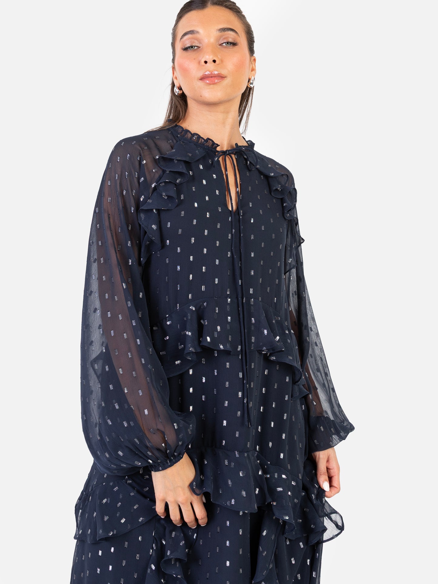 Anaya With Love Recycled Navy Foil Chiffon Ruffled Maxi Dress