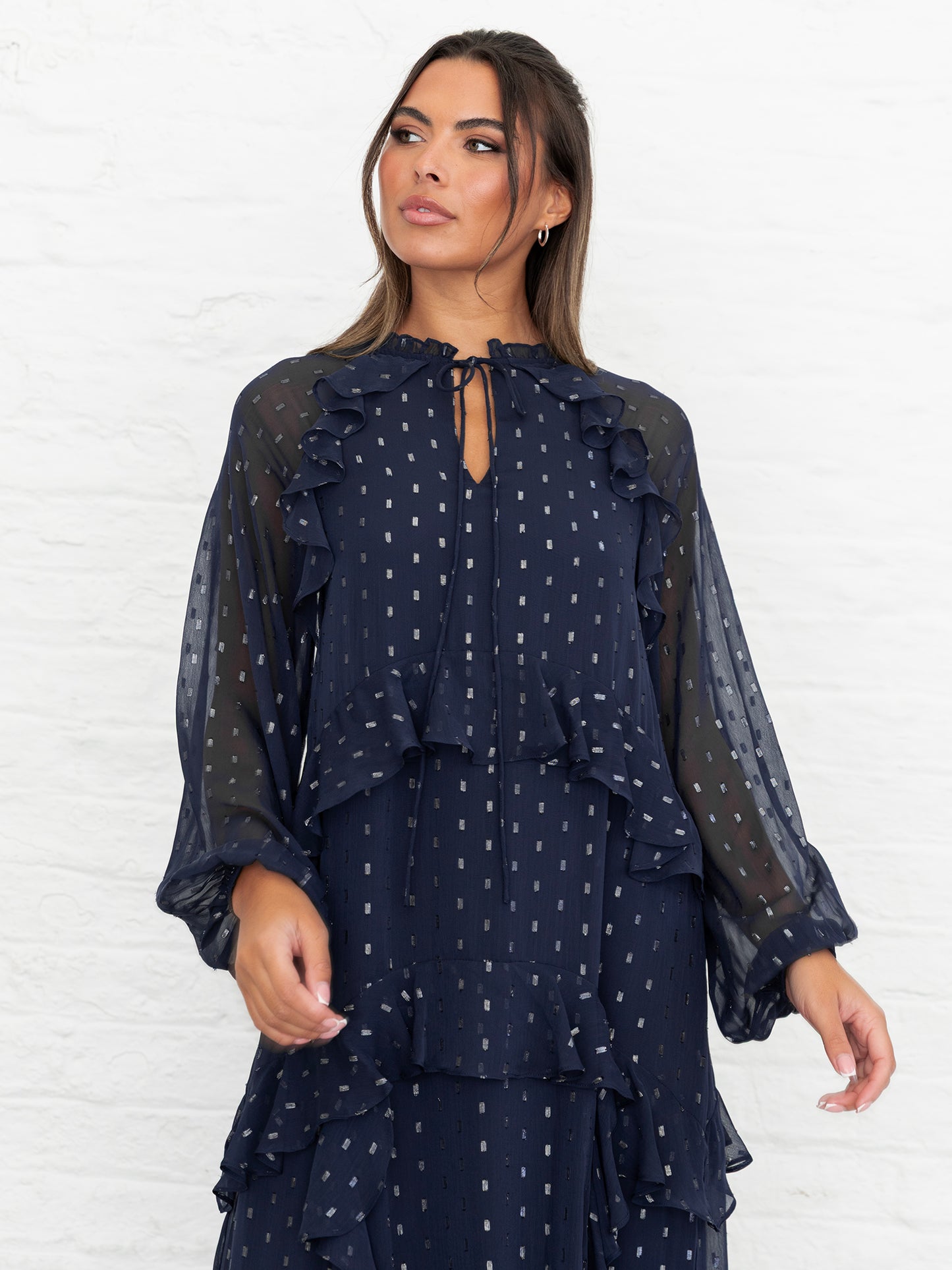 Anaya With Love Recycled Navy Foil Chiffon Ruffled Maxi Dress