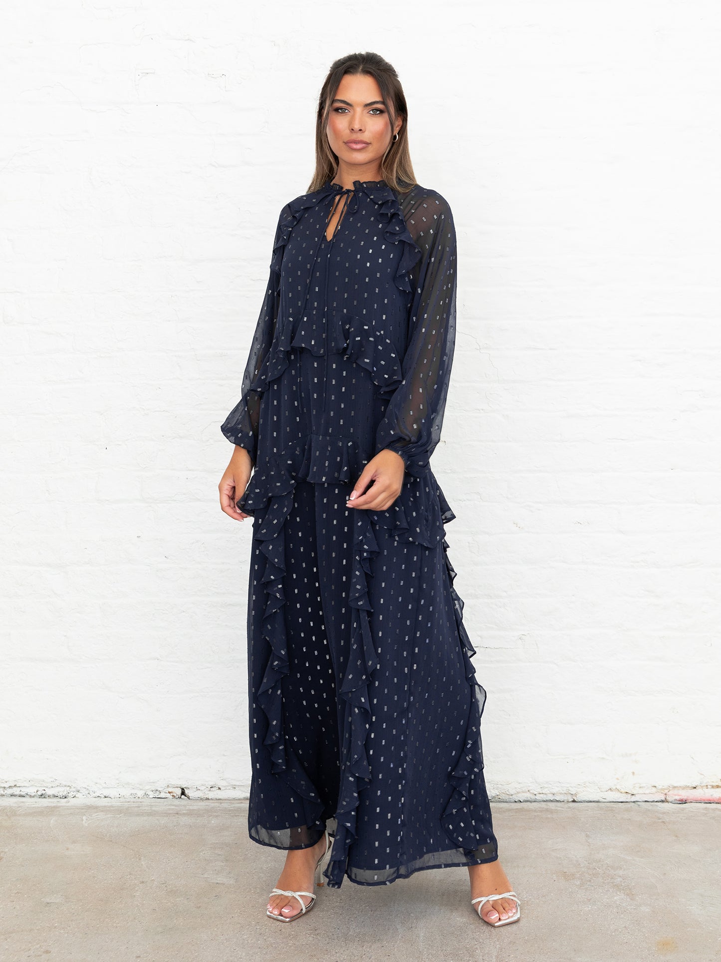 Anaya With Love Recycled Navy Foil Chiffon Ruffled Maxi Dress