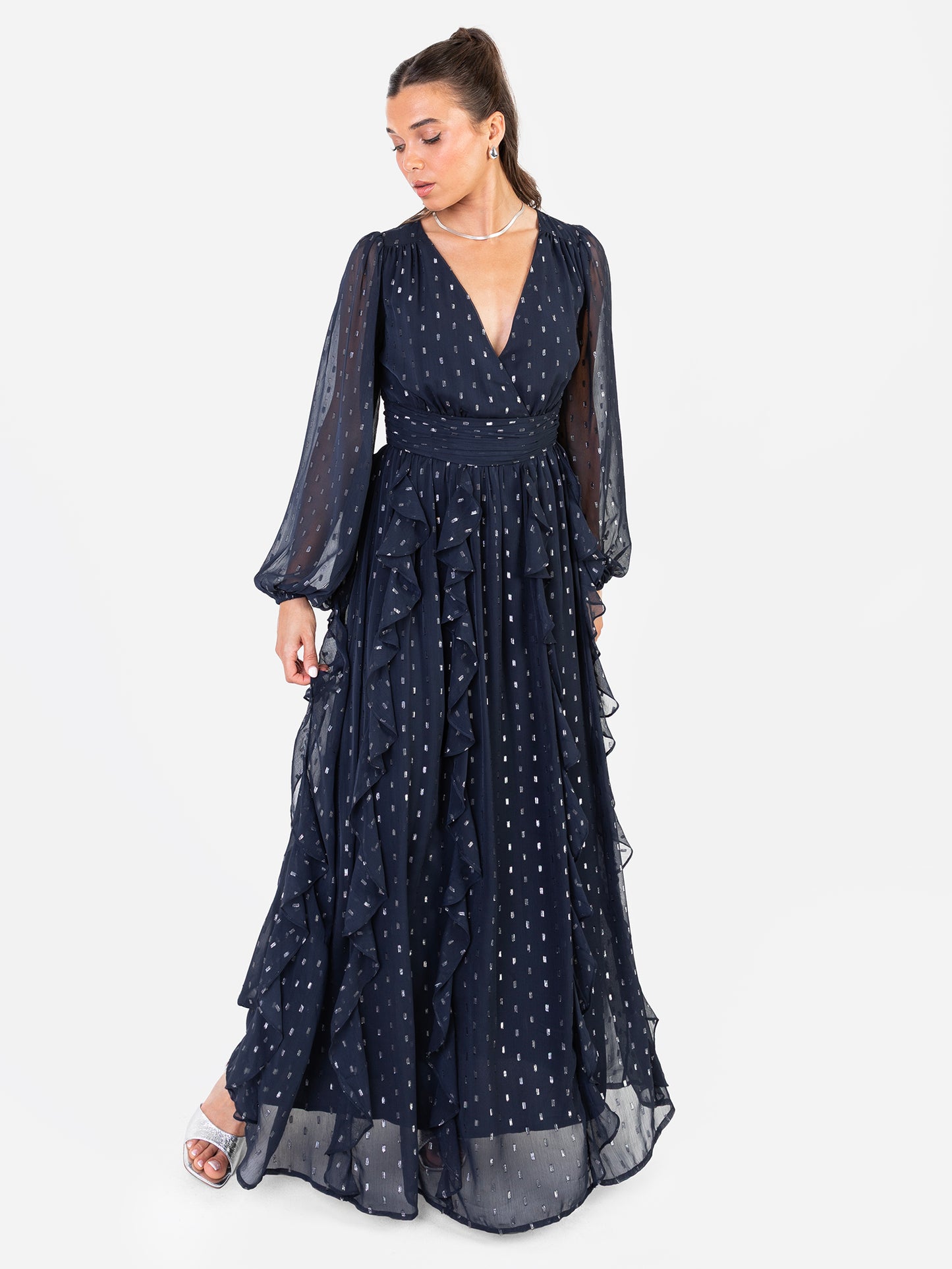 Anaya With Love Recycled Faux Wrap Waterfall Ruffle Dobby Maxi Dress