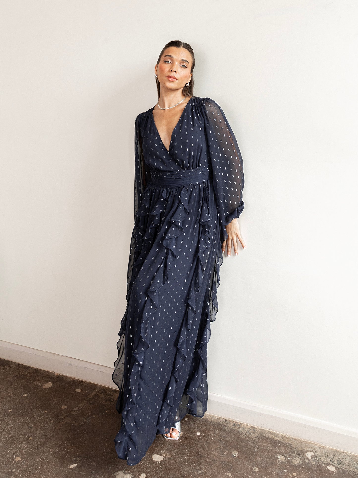 Anaya With Love Recycled Faux Wrap Waterfall Ruffle Dobby Maxi Dress