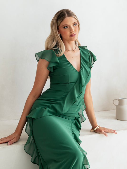 Anaya With Love Recycled Evergreen Waterfall Ruffle Maxi Dress