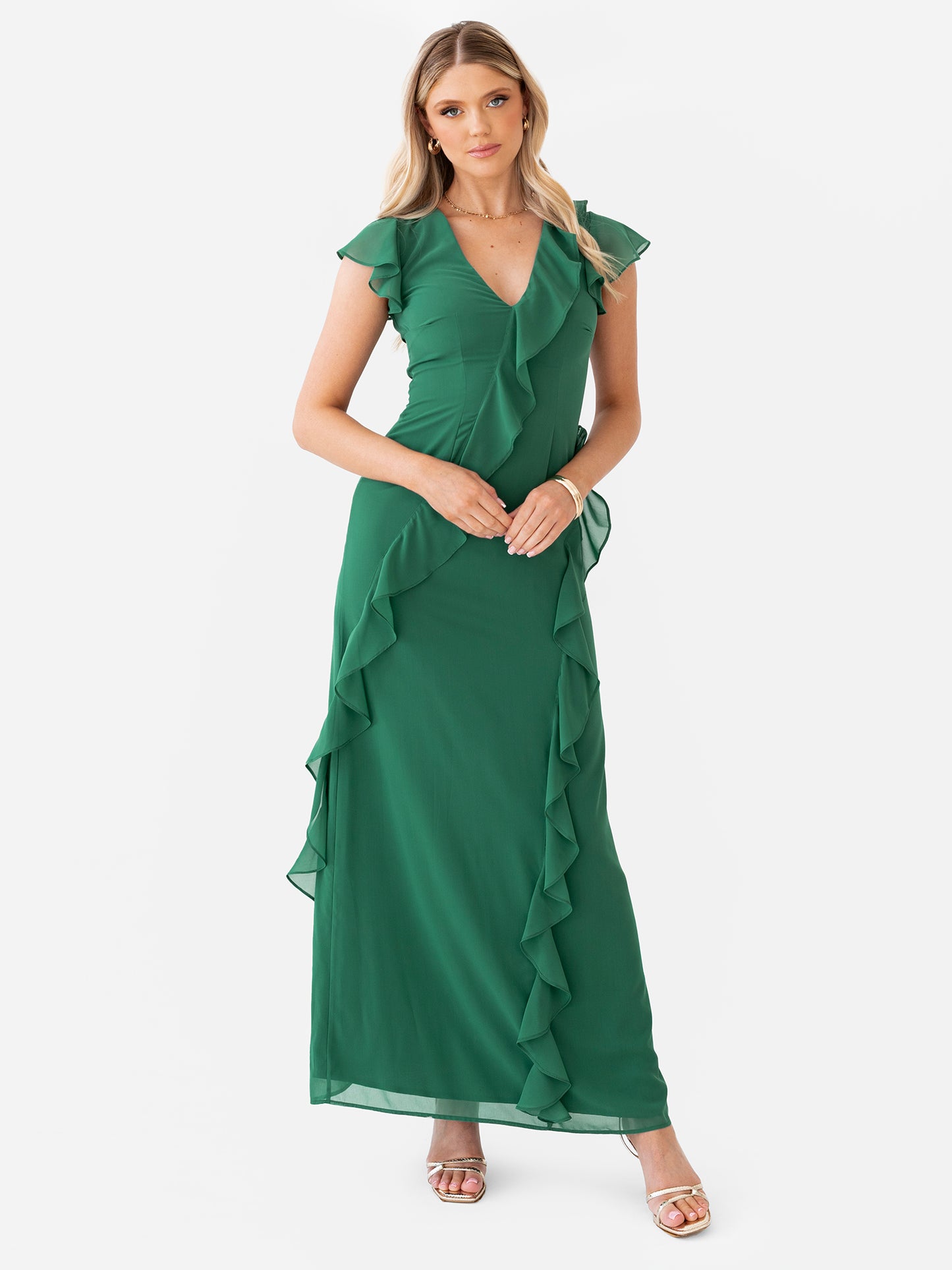 Anaya With Love Recycled Evergreen Waterfall Ruffle Maxi Dress