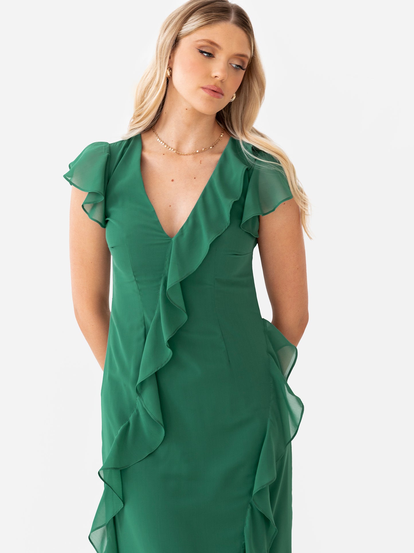 Anaya With Love Recycled Evergreen Waterfall Ruffle Maxi Dress
