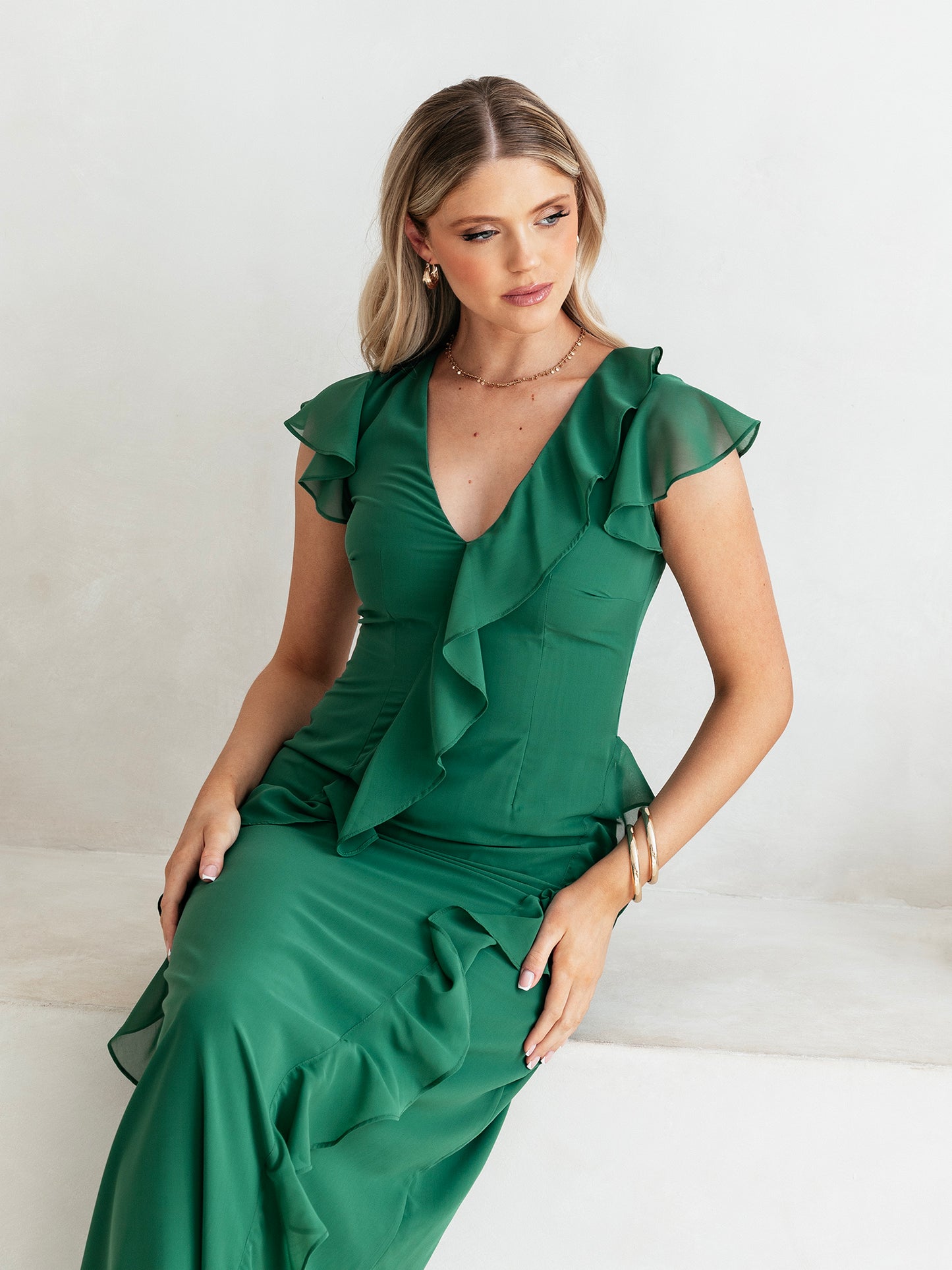 Anaya With Love Recycled Evergreen Waterfall Ruffle Maxi Dress