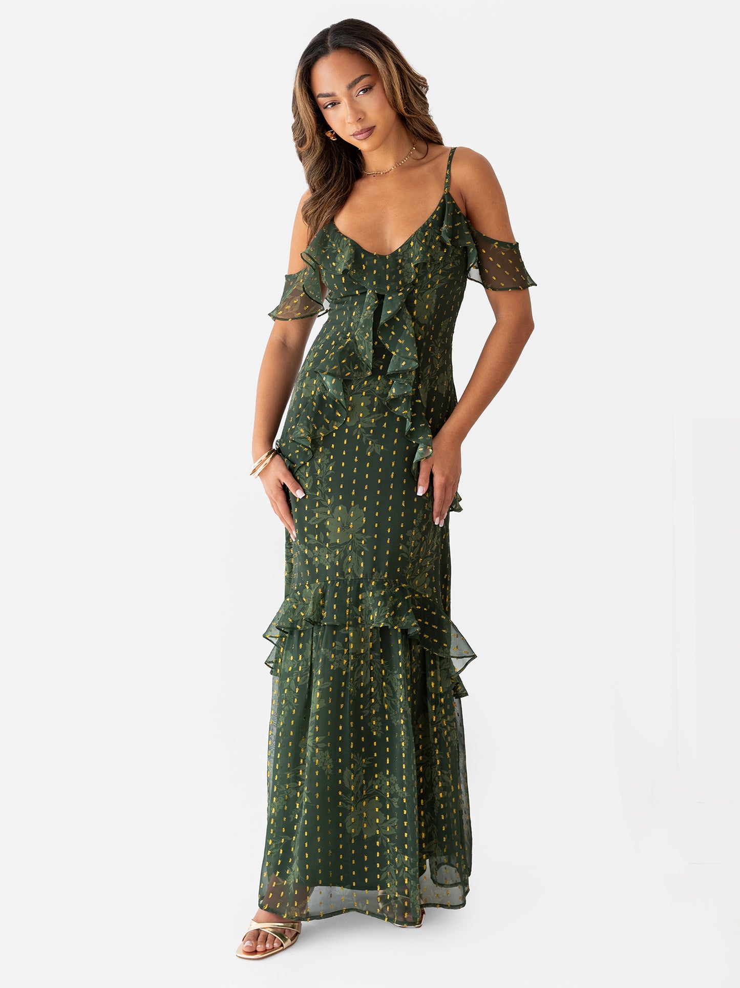 Anaya With Love Floral Green Cold Shoulder Maxi Dress with Metallic Detail