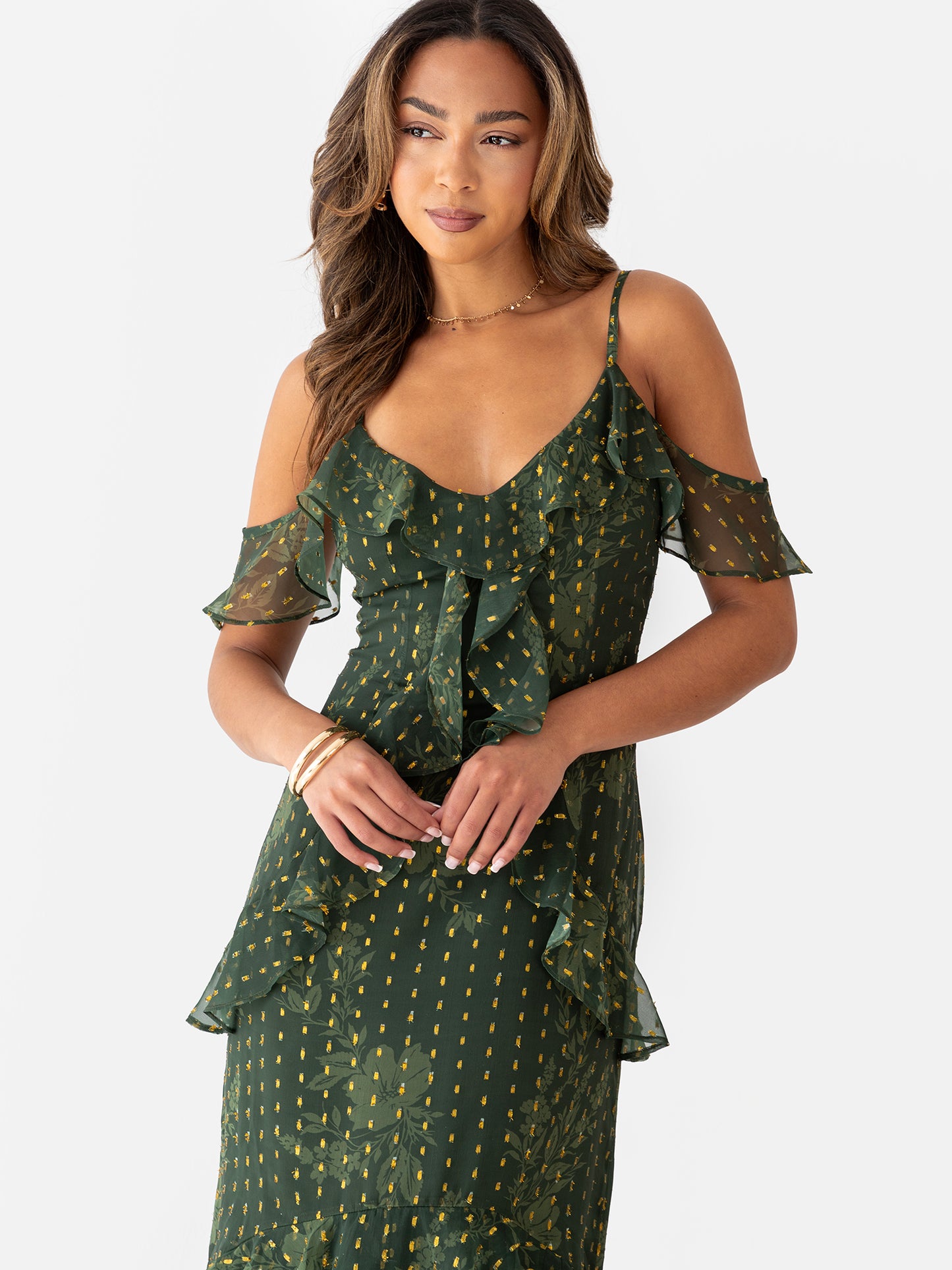 Anaya With Love Floral Green Cold Shoulder Maxi Dress with Metallic Detail