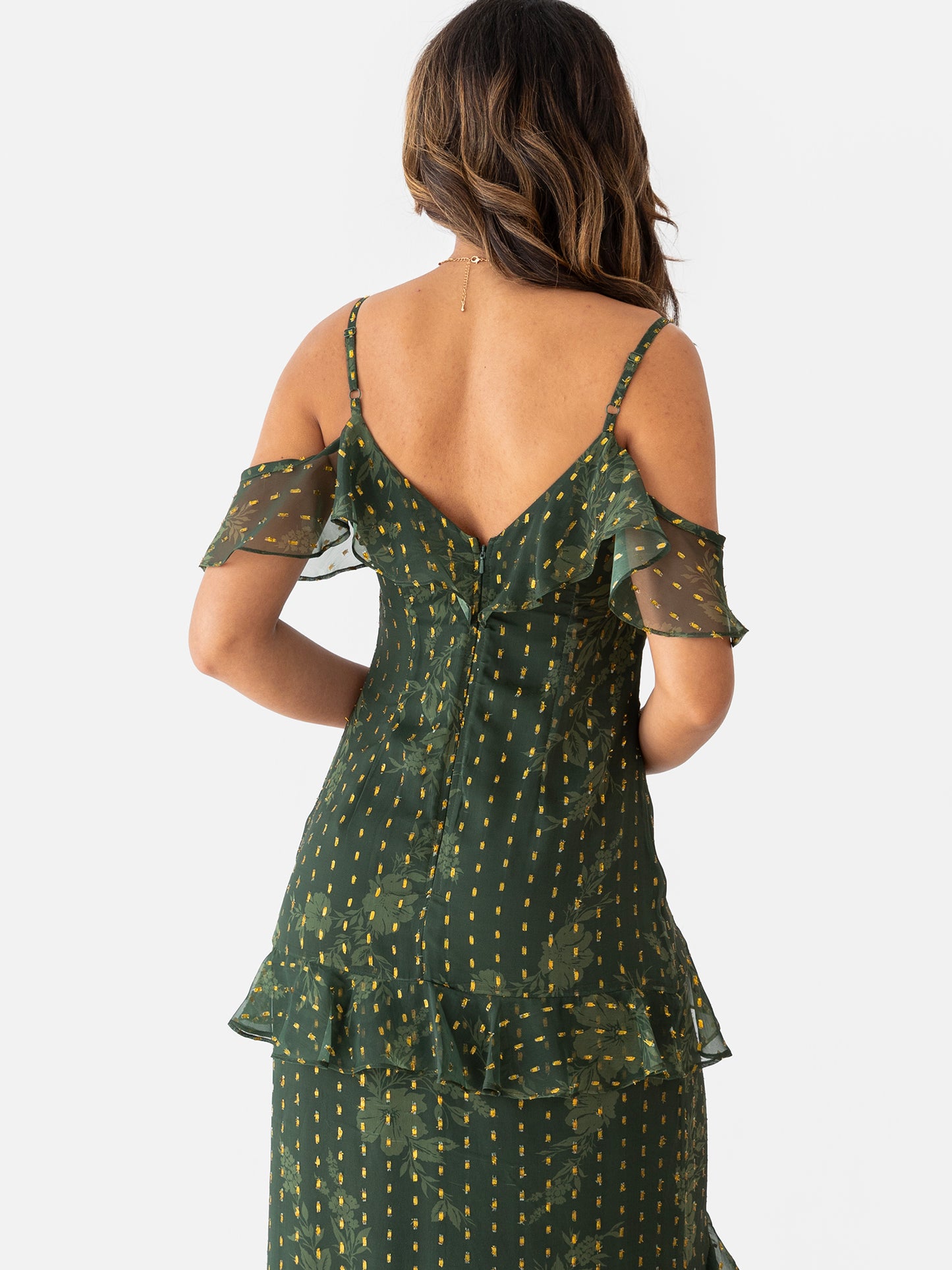 Anaya With Love Floral Green Cold Shoulder Maxi Dress with Metallic Detail