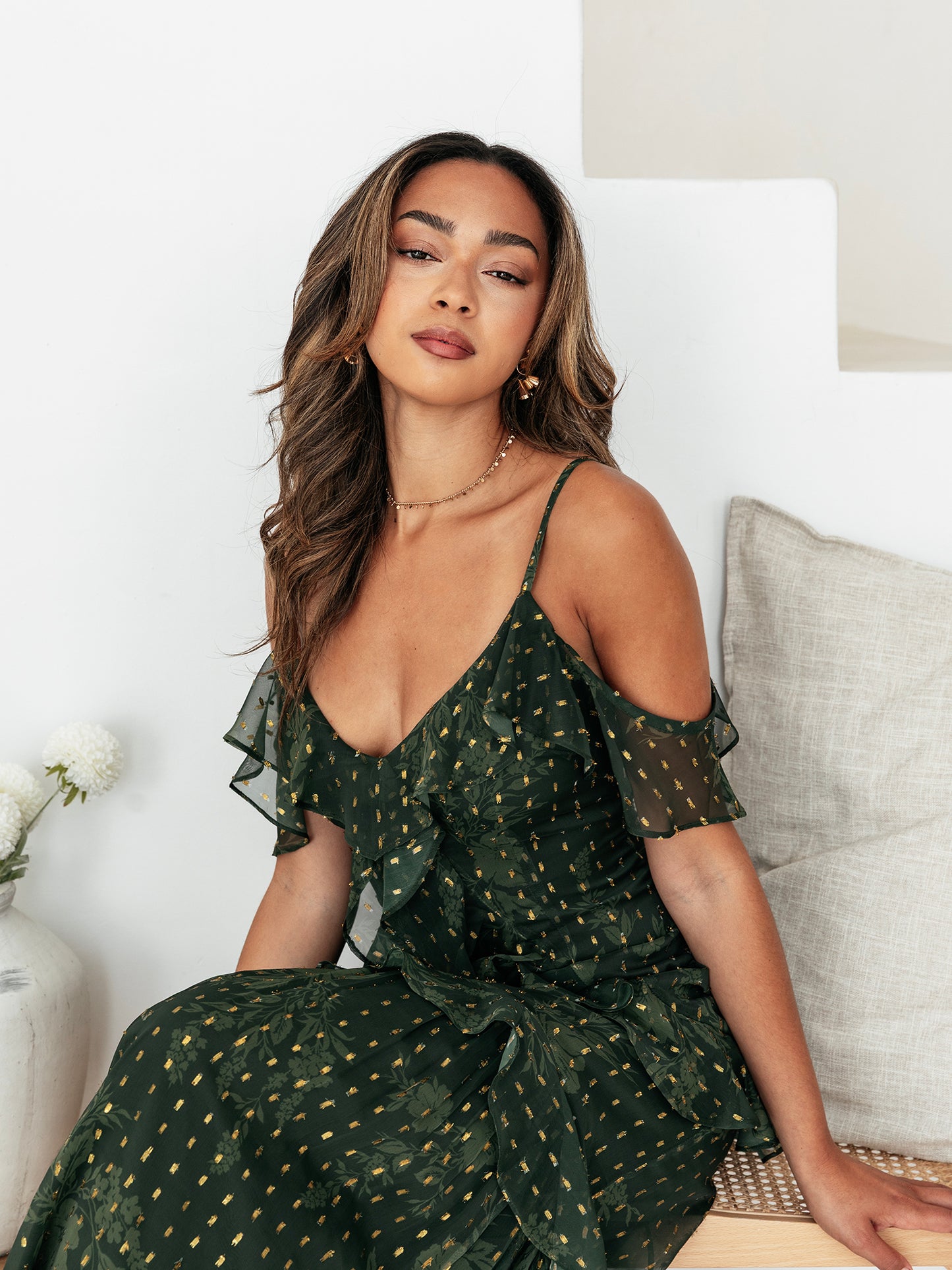 Anaya With Love Floral Green Cold Shoulder Maxi Dress with Metallic Detail