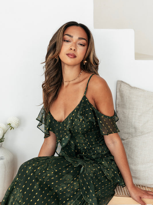 Anaya With Love Floral Green Cold Shoulder Maxi Dress with Metallic Detail
