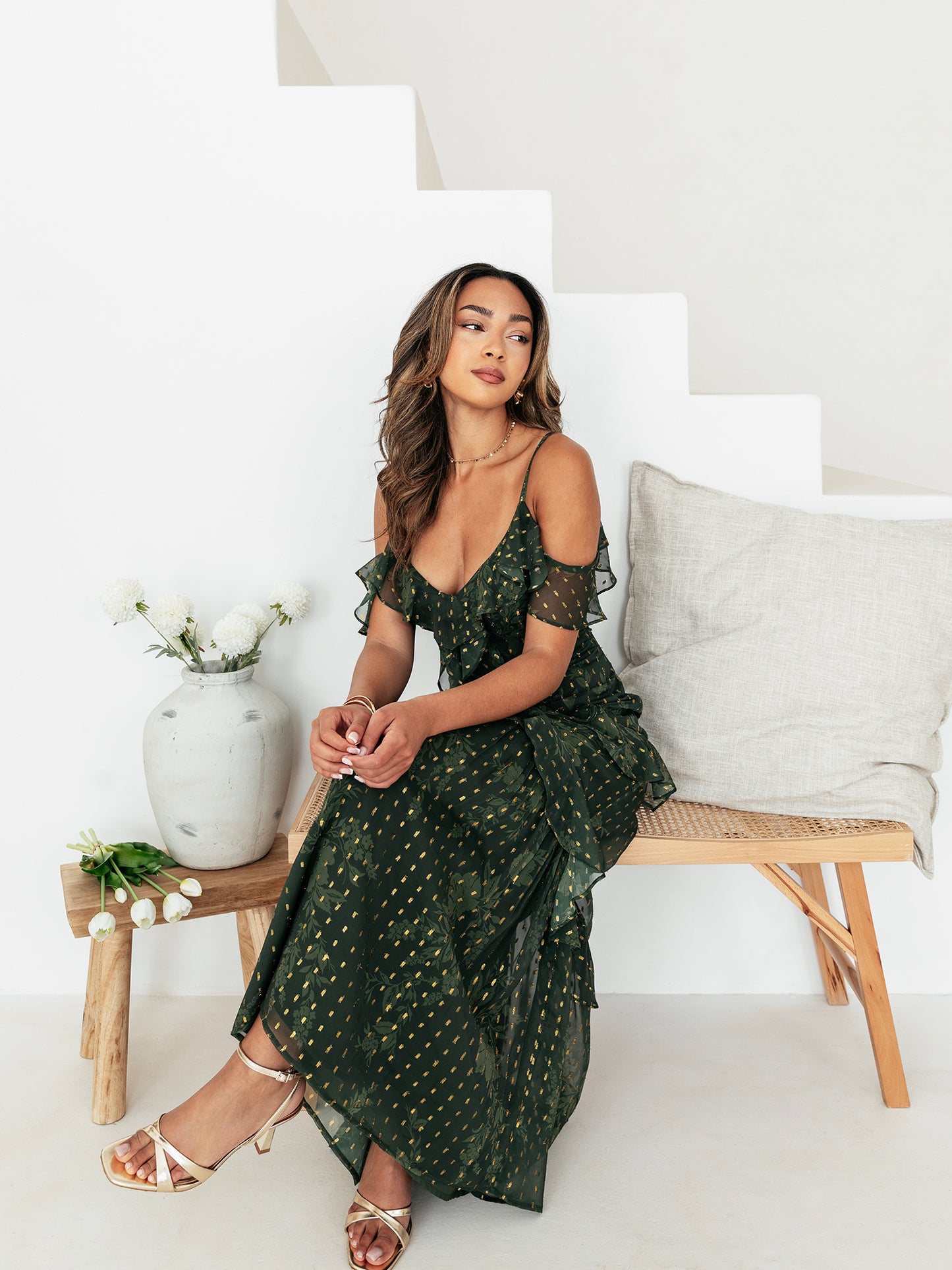 Anaya With Love Floral Green Cold Shoulder Maxi Dress with Metallic Detail