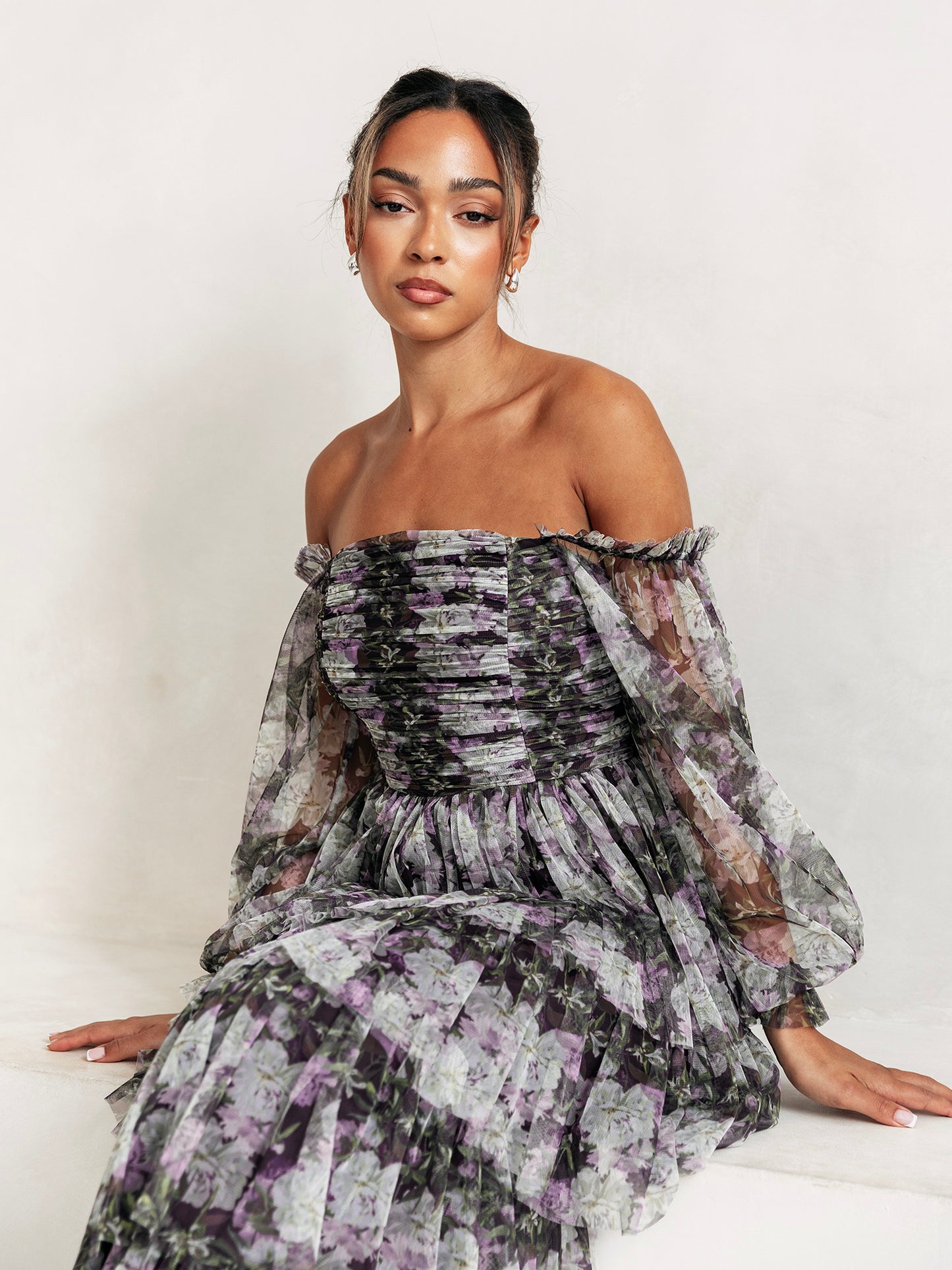 Anaya With Love Floral Long Sleeve Bardot Maxi Dress