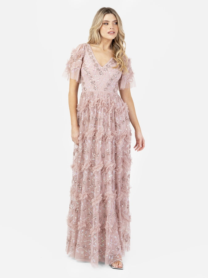 Maya Frosted Pink Fully Embellished Short Sleeve V Neck Ruffle Maxi Dress