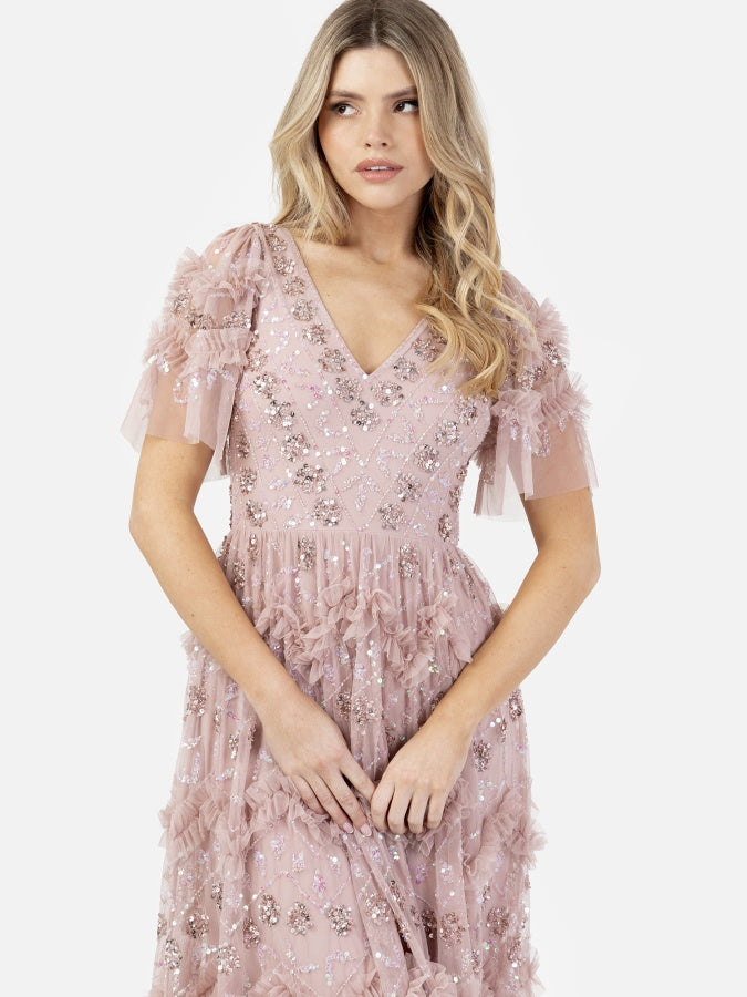 Maya Frosted Pink Fully Embellished Short Sleeve V Neck Ruffle Maxi Dress